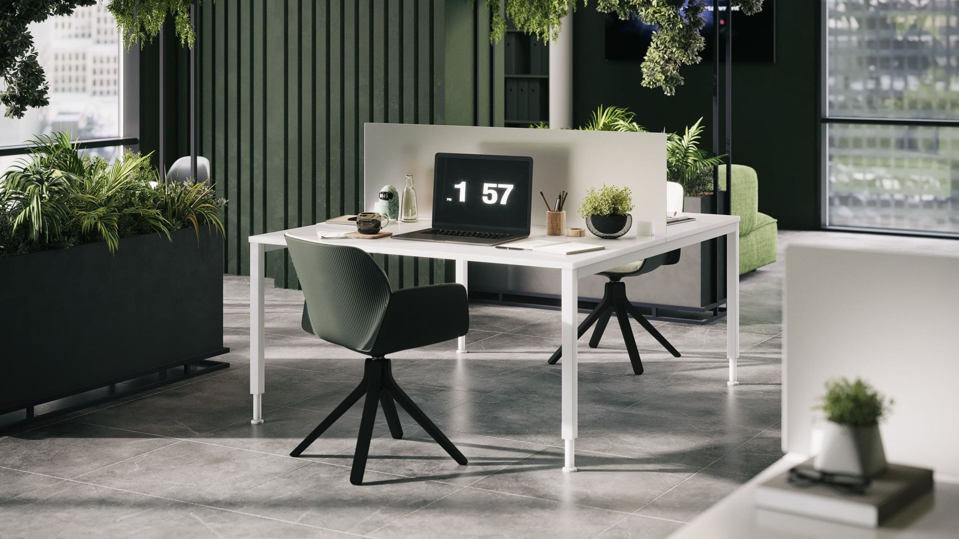 3D Rendering Of A Green Office Furniture Set With Natural Daylight