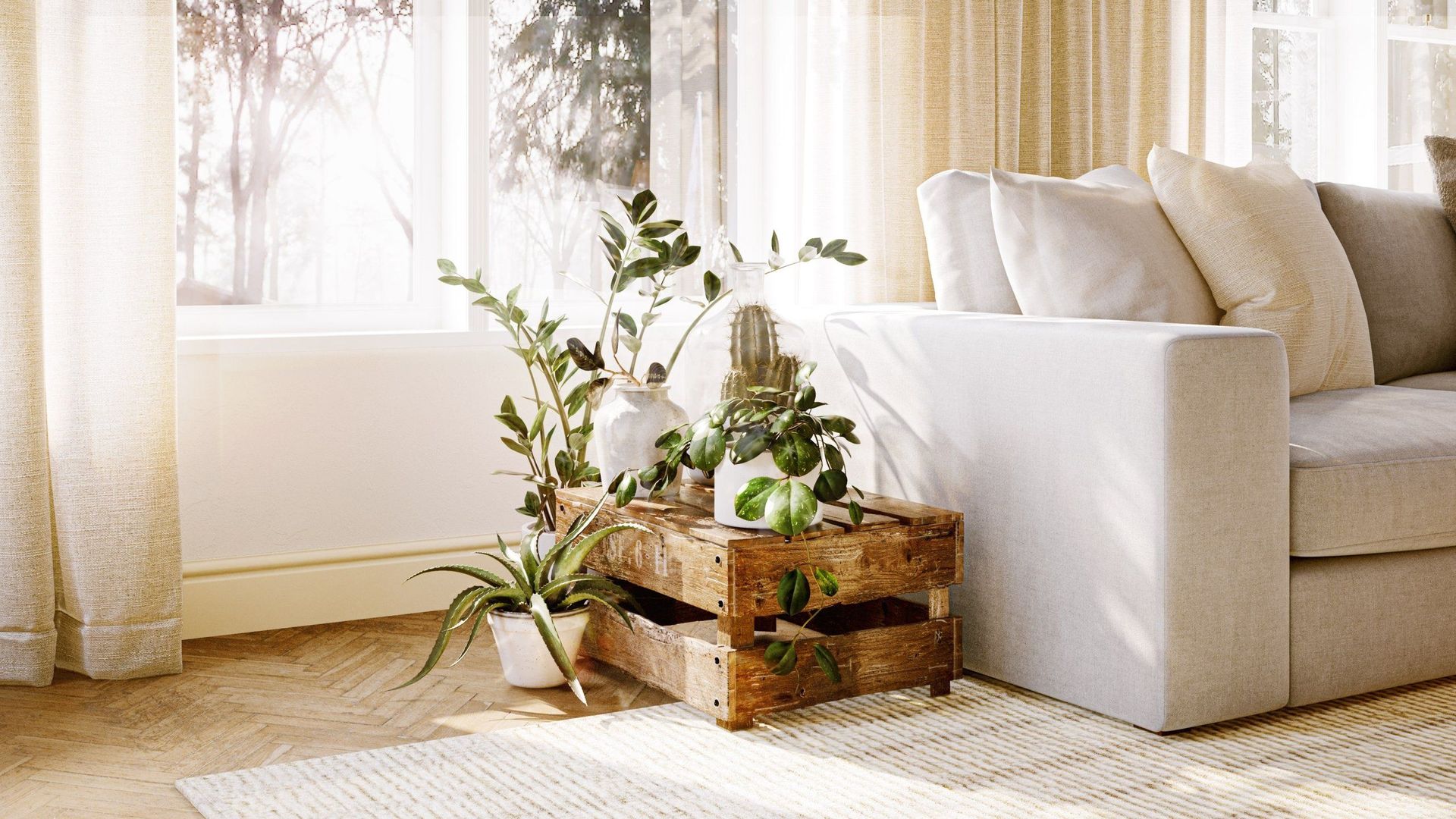 3D rendering of a cozy living room featuring a sofa and plants, showcasing realistic furniture rendering and 3D interior visualization.