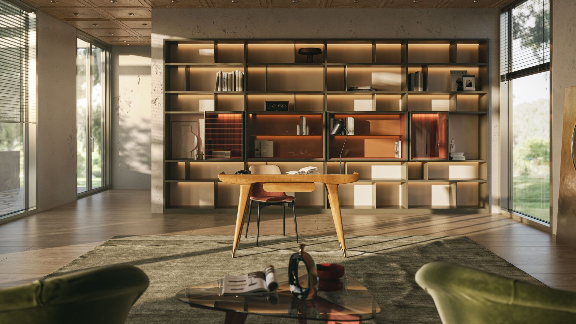 3D Visualization Of A Home Office Interior Featuring Modern Furniture And A Work Desk