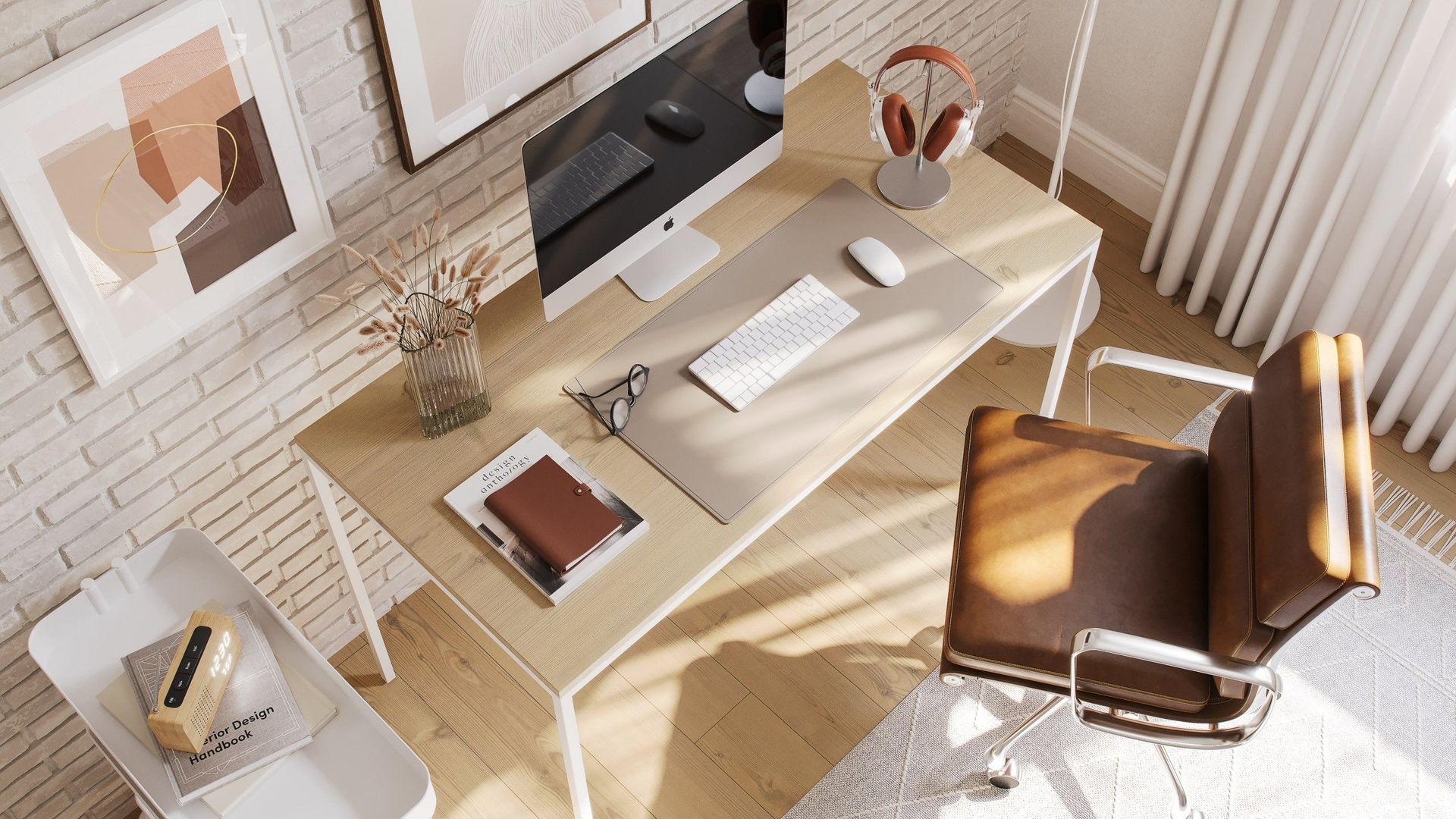 3D rendered image of a trendy workspace featuring a desk, chair, and computer, showcasing 3D house fittings modeling and interior visualization.