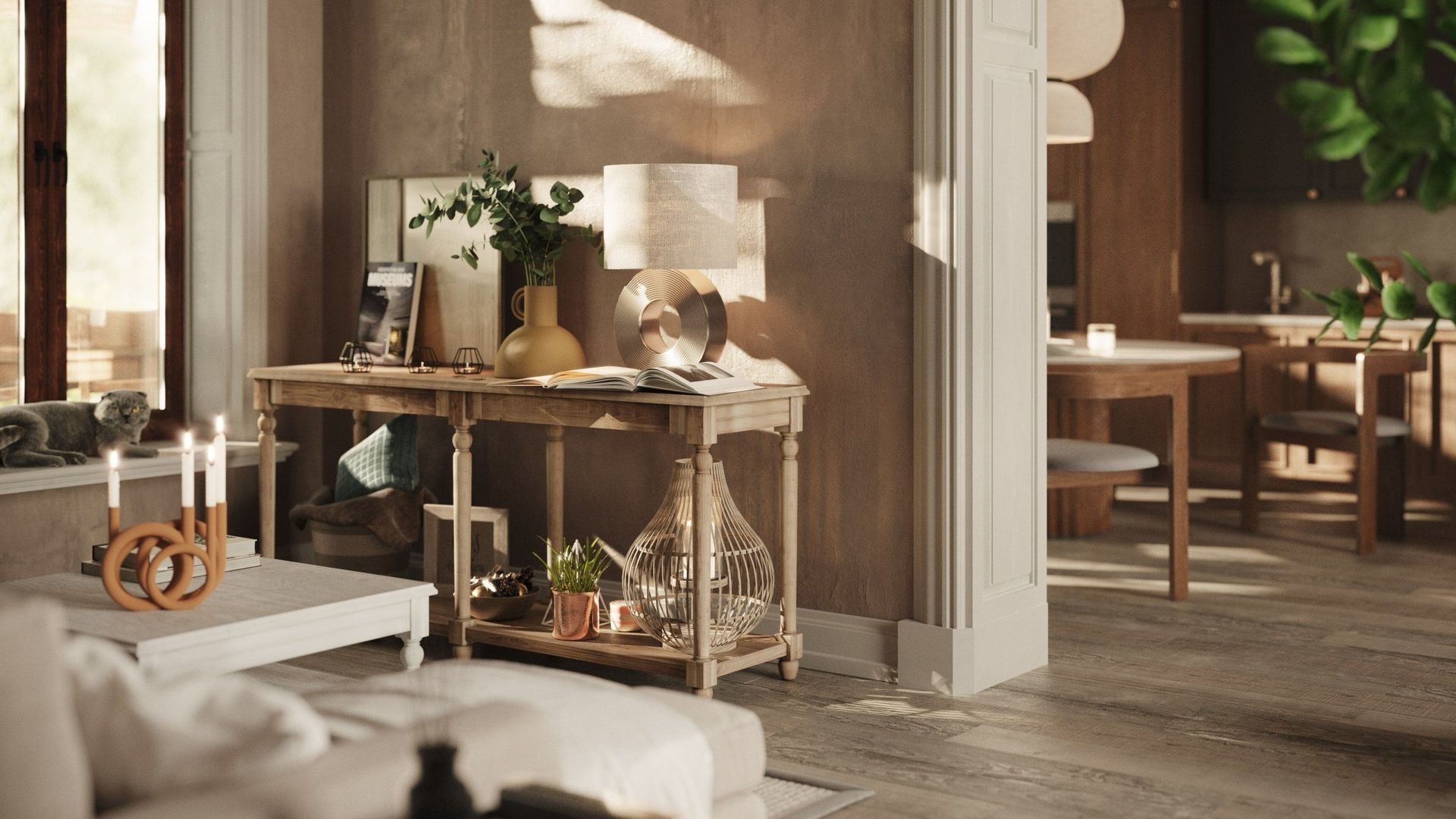 high-end 3D house fittings modeling and rendering showcasing a trendy living room with realistic lighting and textures.