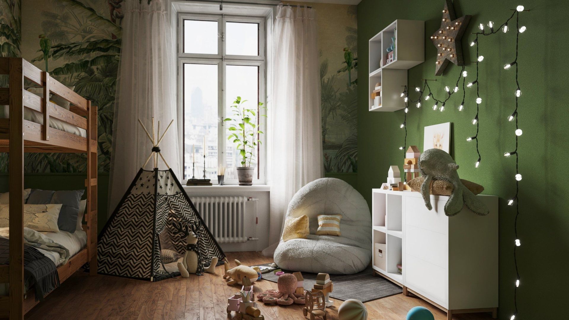 3D Visualization of a Kids’ Room with Bunk Bed, Bean Bag, Toys, and Decorative Lights