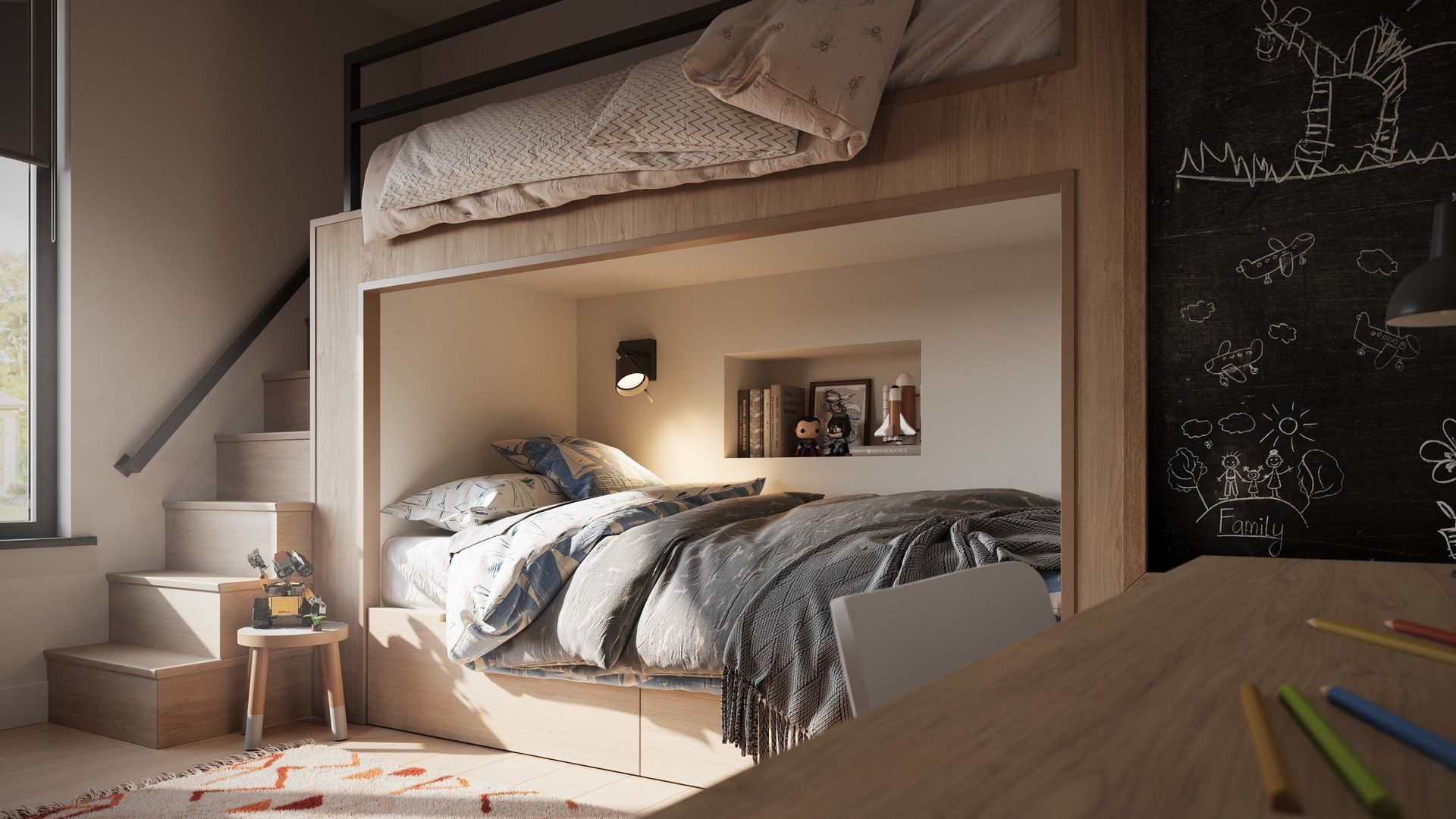 3D rendered image showcasing a cozy bedroom with a bunk bed, highlighting 3D furniture modeling and realistic interior visualization.