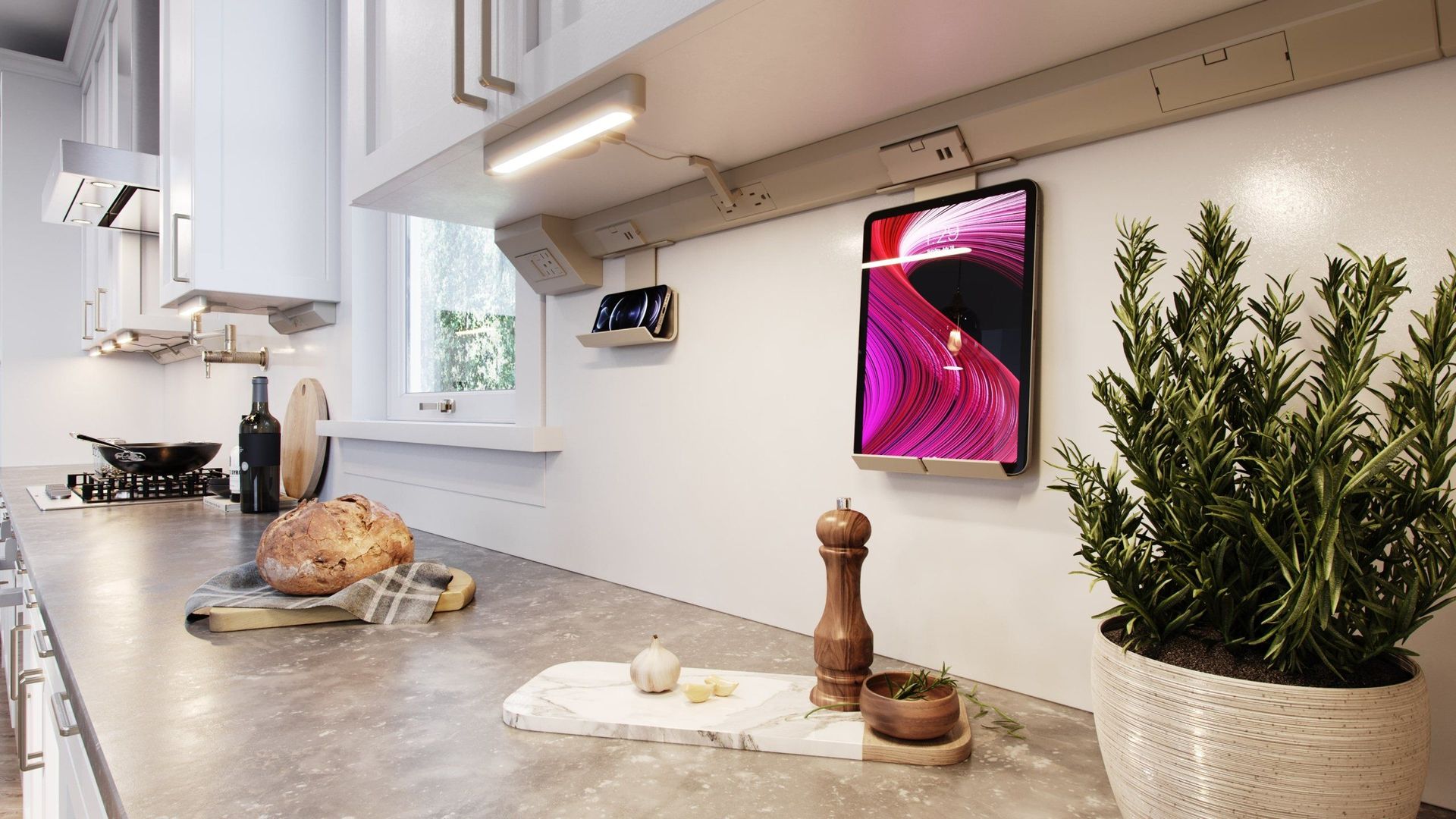 Realistic 3D kitchen interior visualization showcasing trendy house fittings and decor, featuring realistic rendering and photorealistic CGI elements.