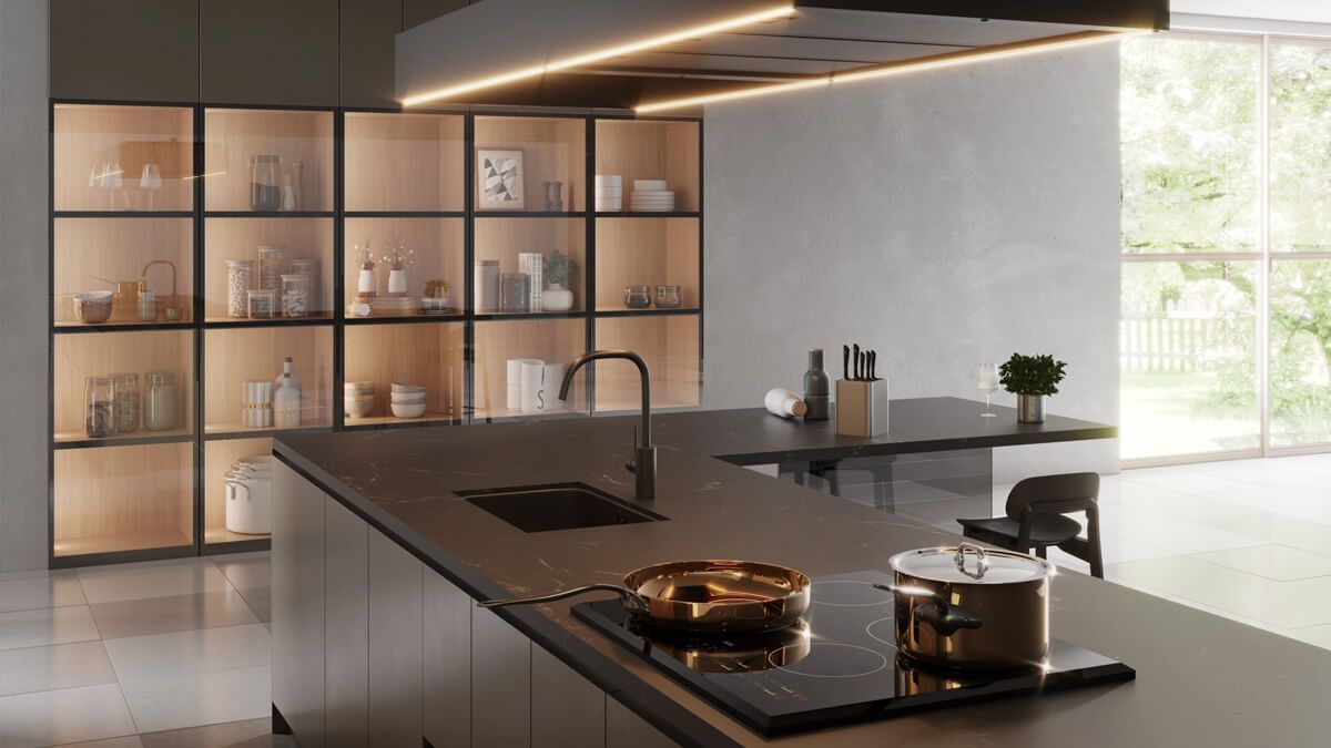 3D interior rendering of a kitchen showcasing a minimalistic kitchen island and modern cooking appliances