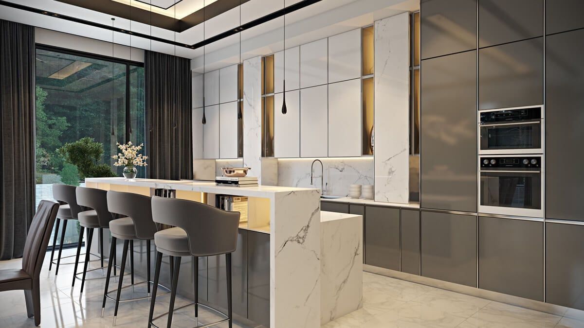 High-quality 3D kitchen interior visualization showcasing modern furniture and realistic rendering