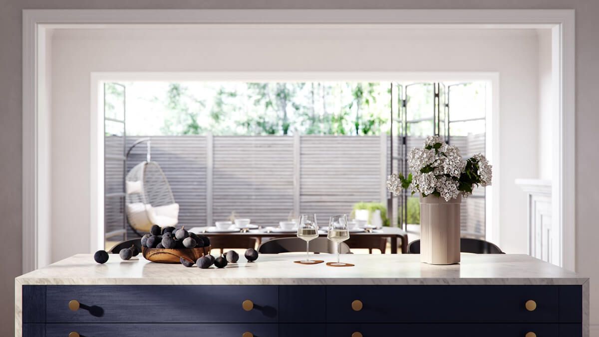 3D lifestyle visualization showcasing a modern kitchen with realistic furniture rendering, featuring a marble countertop and outdoor view.
