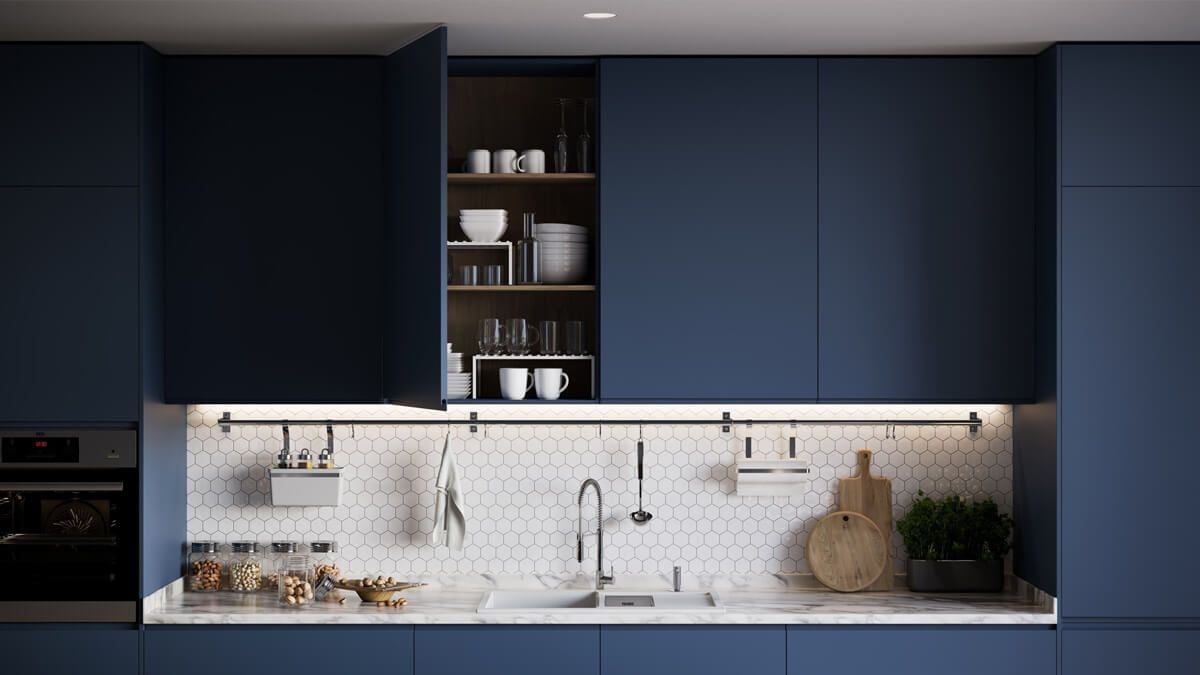 Photorealistic 3D rendering of a modern kitchen with blue cabinets, showcasing 3D furniture modeling and interior visualization.