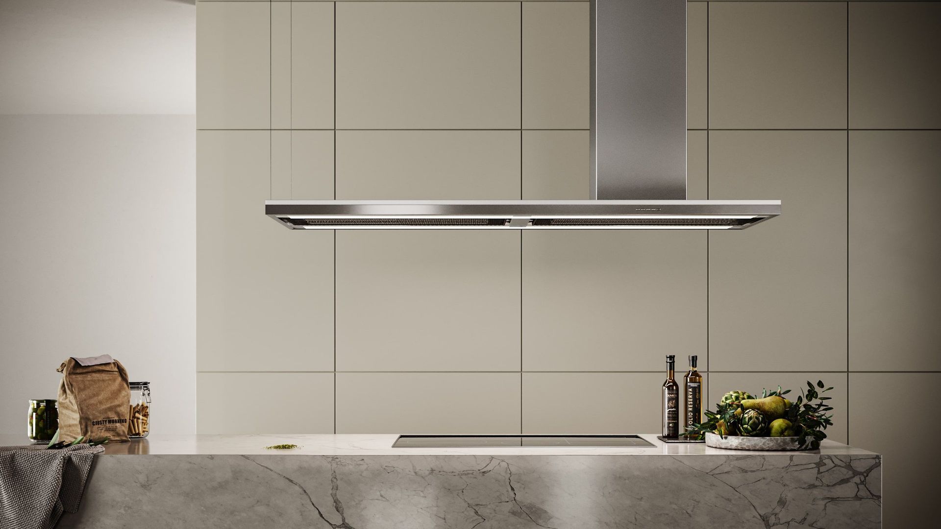 Lifestyle Rendering Of A Sleek Kitchen With A Marble Island And Stainless Steel Range Hood