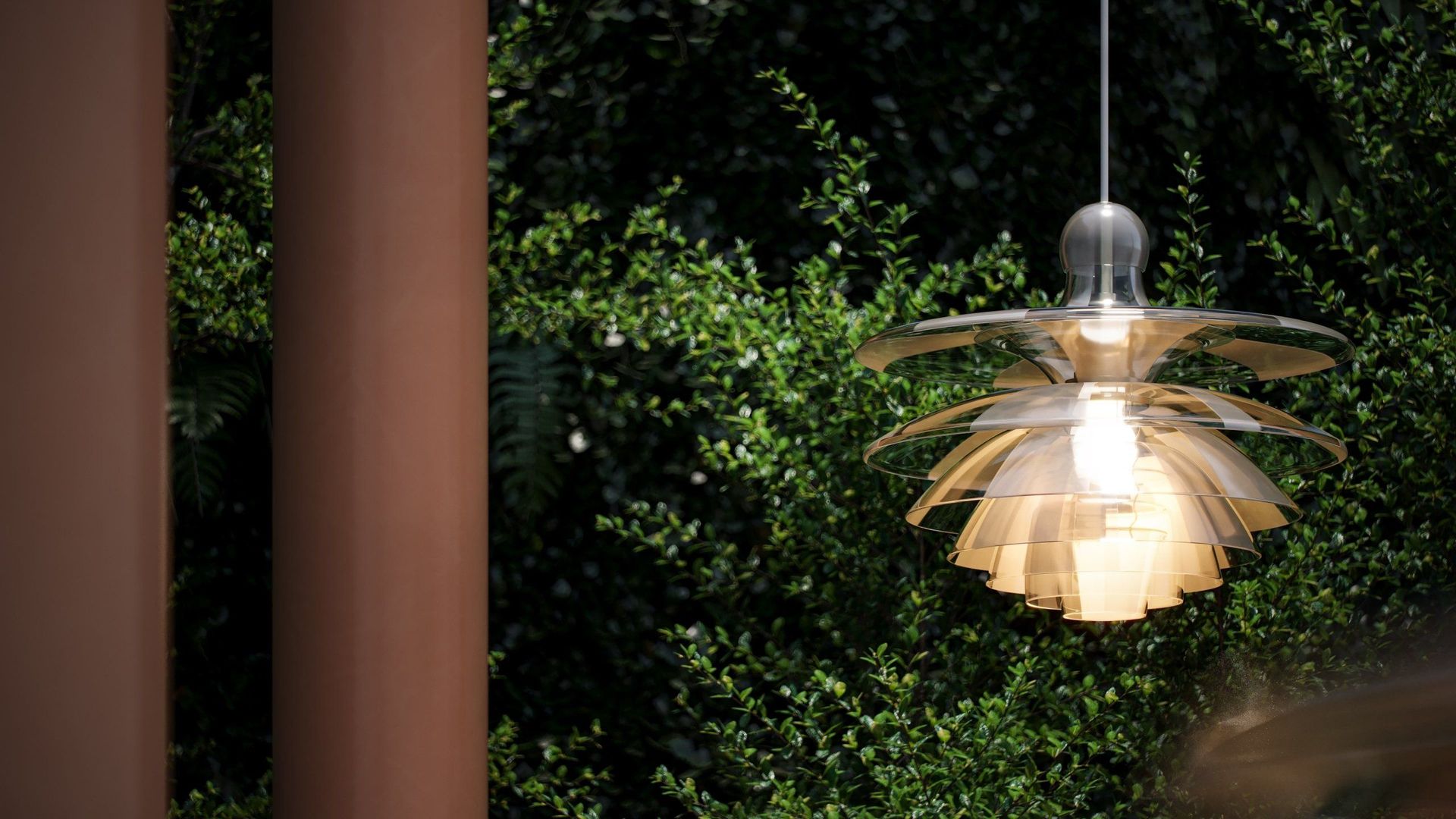 3D rendered image of a modern lamp hanging outdoors, showcasing 3D product visualization and realistic rendering techniques.