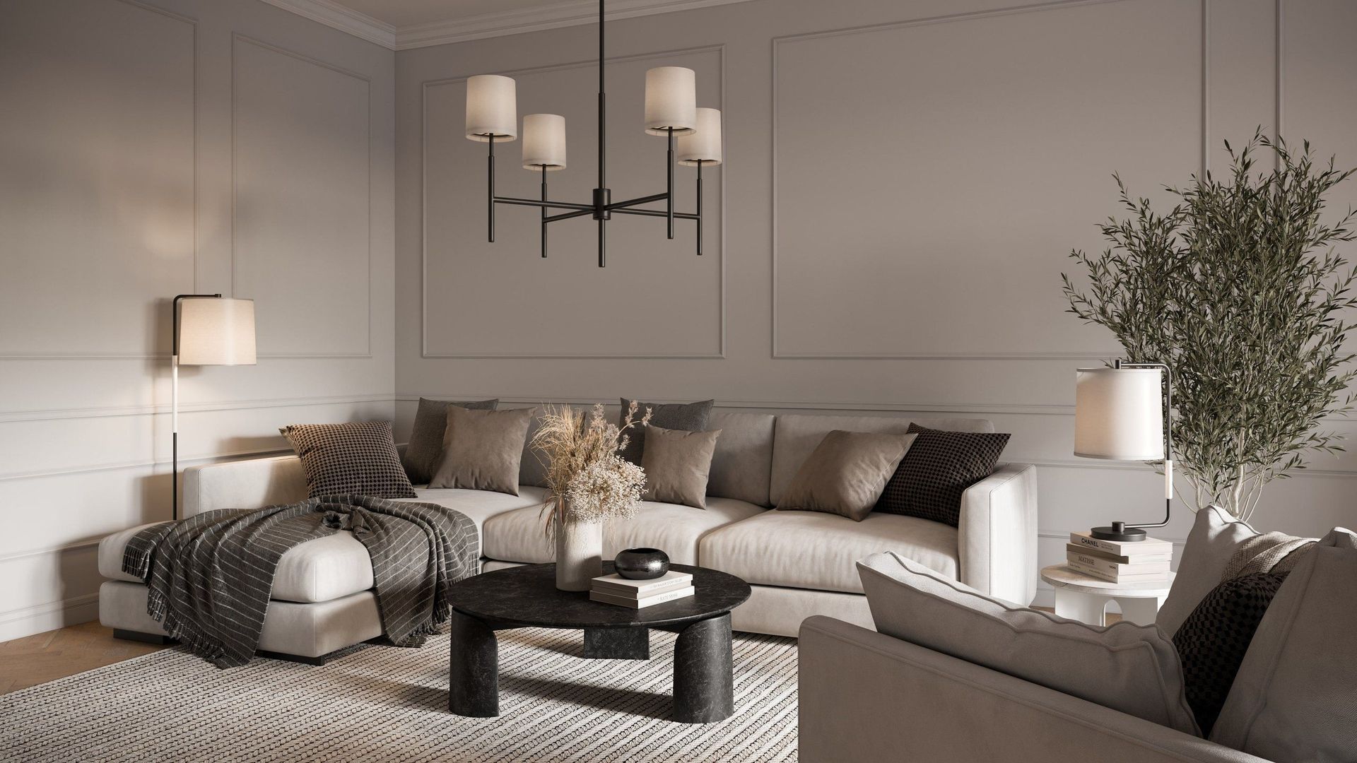 3D Visualization Of A Contemporary Living Room With Beige Sofa and Black Coffee Table