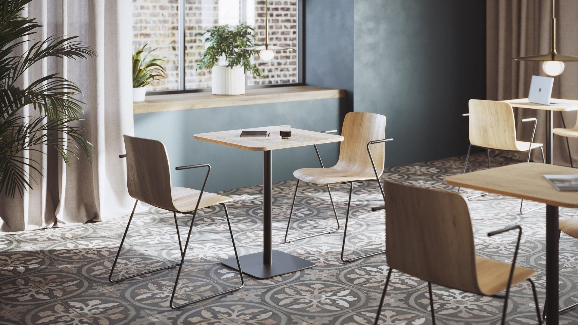 3D Visualization Of A Small Café Space With Wooden Chairs, Patterned Tiles, And Potted Plants