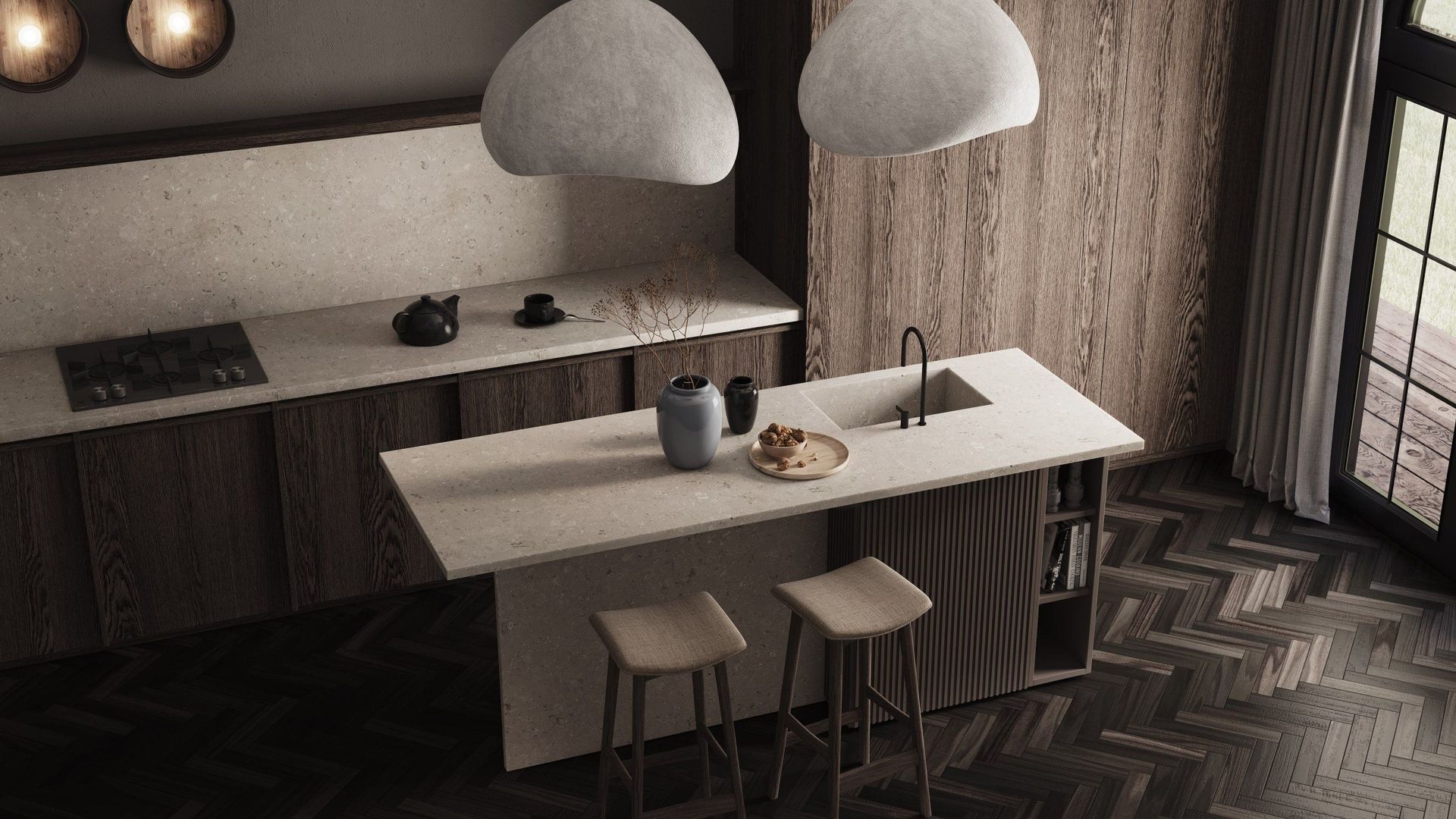 3D Rendering Of A Modern Kitchen With A Light Marble Island And Wooden Bar Stools
