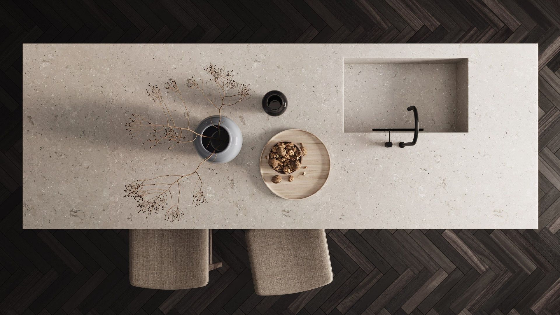 Top view of a 3D rendered kitchen countertop with decor, showcasing photorealistic CGI and 3D interior visualization