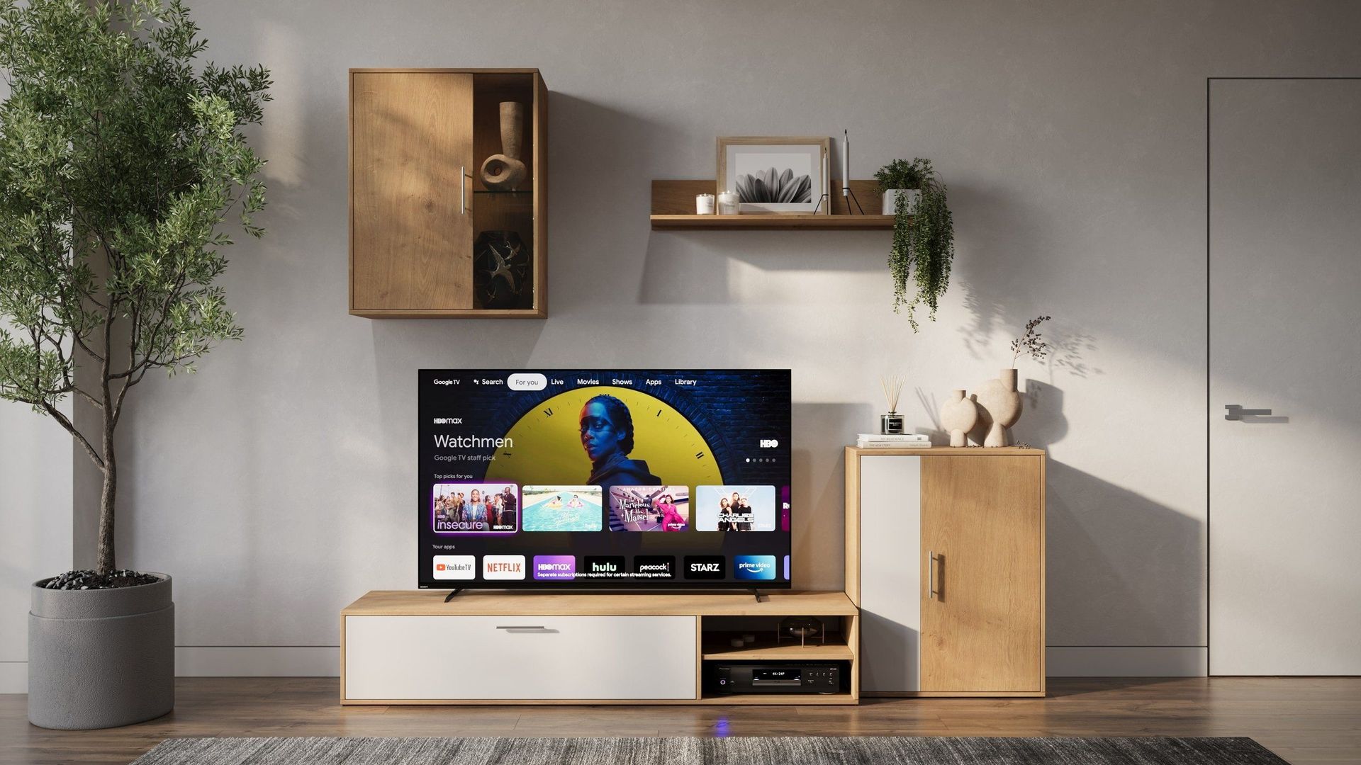 Wooden Media Console With TV, Wall Cabinets, And Decor Pictured In A Photorealistic 3D Visualization