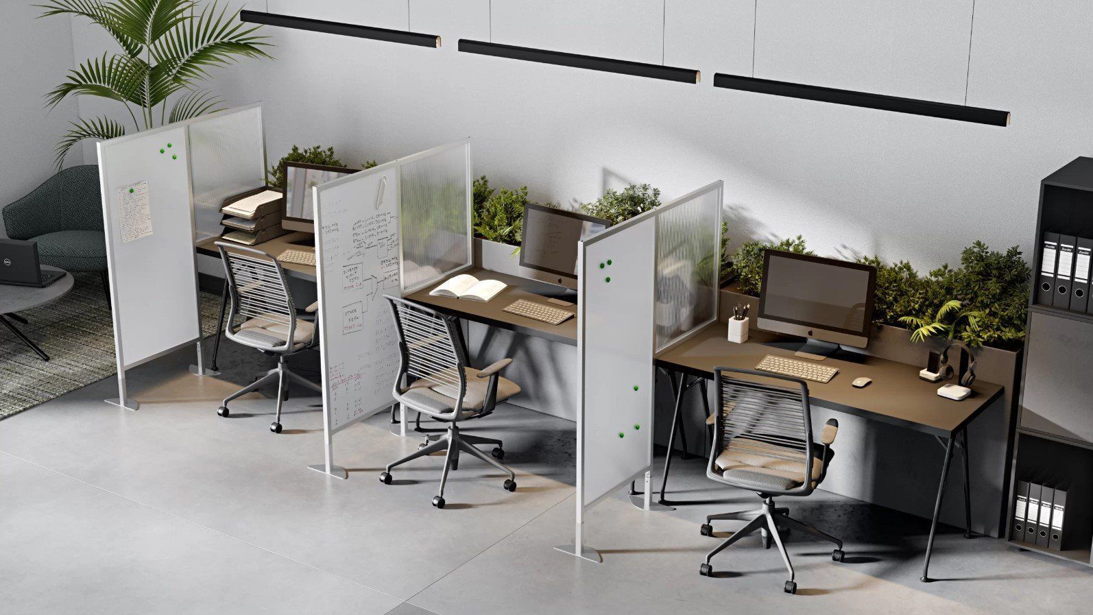 3D rendered image of a trendy office setup with desks and chairs, showcasing 3D furniture modeling and visualization
