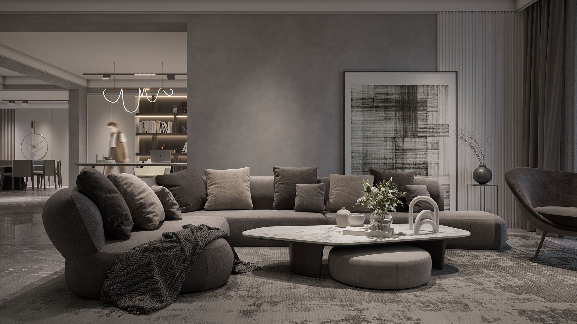 Grey Sectional Sofa With Cushions And Marble Table In A Monochrome Lifestyle 3D Rendering