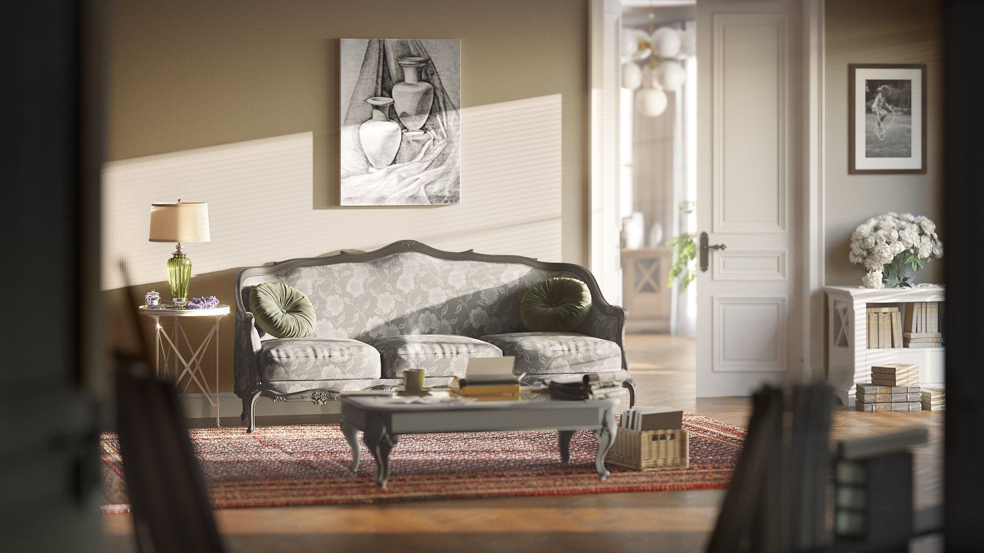 Realistic 3D rendering of a classic living room showcasing house fittings visualization and photorealistic CGI.