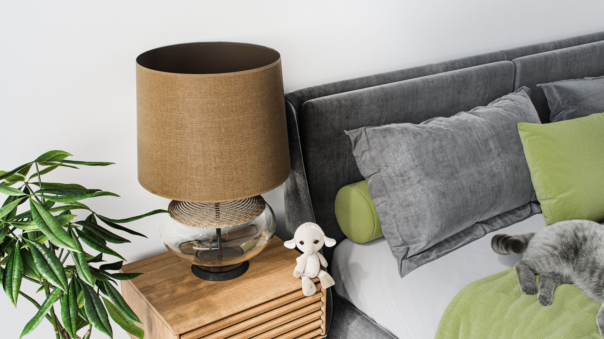 3D rendered image showcasing a bedroom interior with a lamp, plush toy, and pillows, highlighting 3D furniture modeling and rendering.