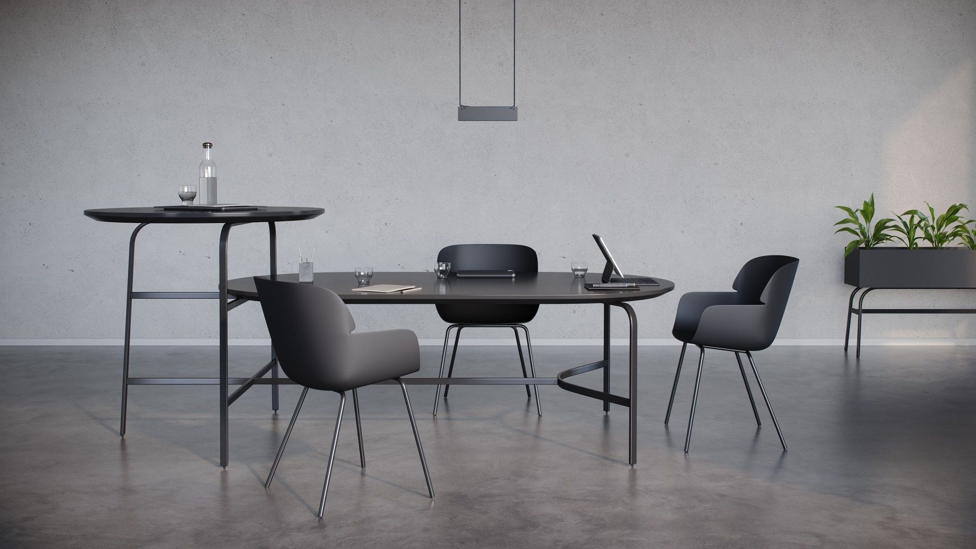 3D furniture modeling and rendering of a trendy interior with sleek chairs and table, showcasing Top-notch 3D visualization and photorealistic rendering.