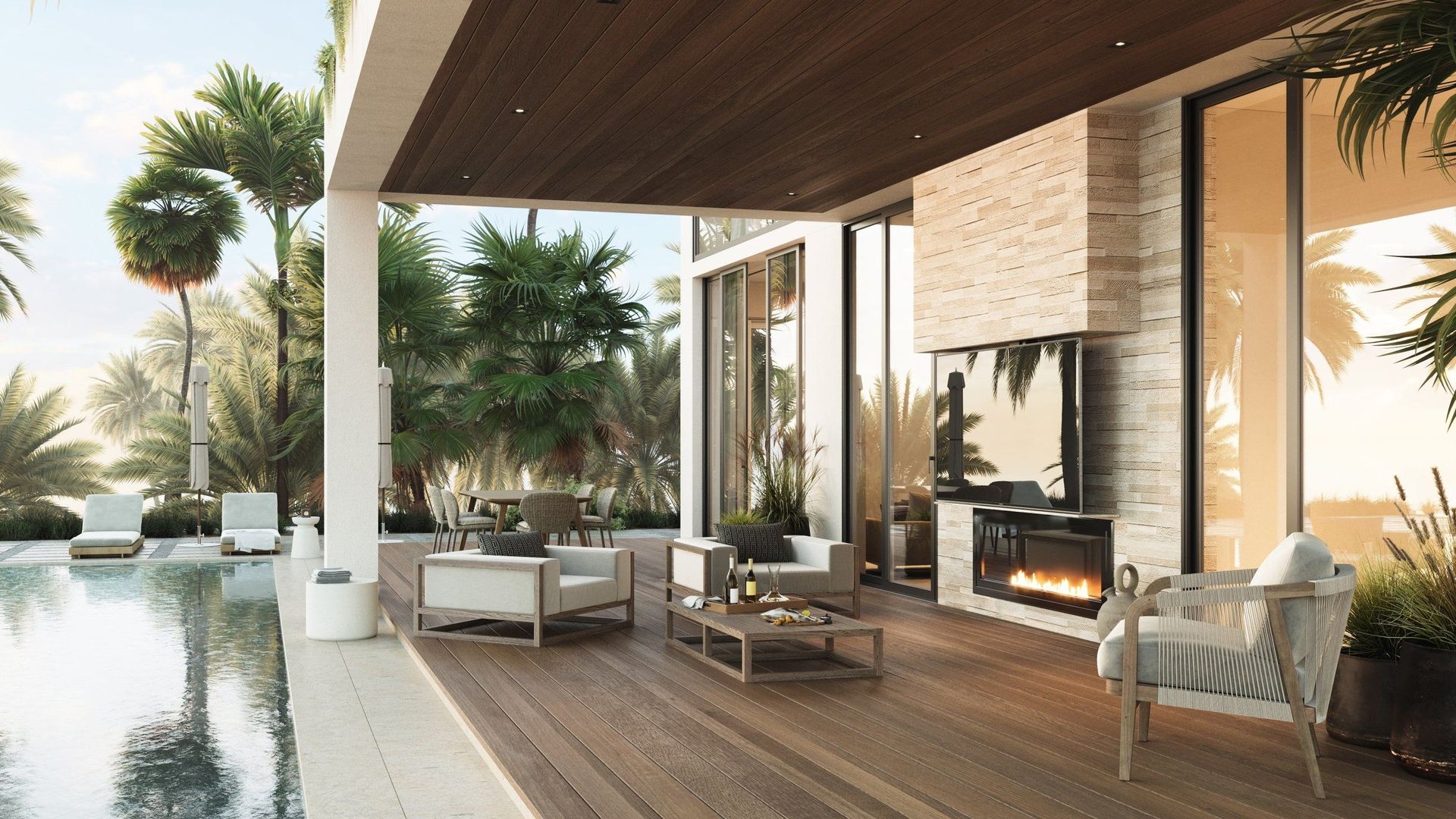Realistic 3D rendering of an outdoor living area with trendy house fittings, showcasing realistic house fittings rendering and 3D lifestyle visualization.