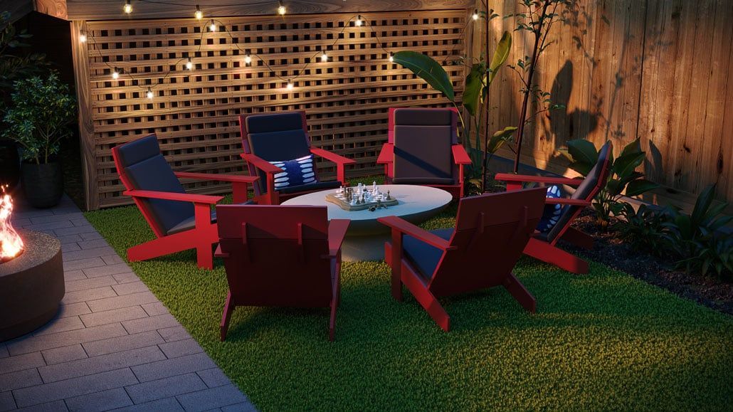 3D furniture modeling and rendering showcasing an outdoor patio setup with red chairs and a table, highlighting 3D lifestyle visualization and photorealistic rendering.