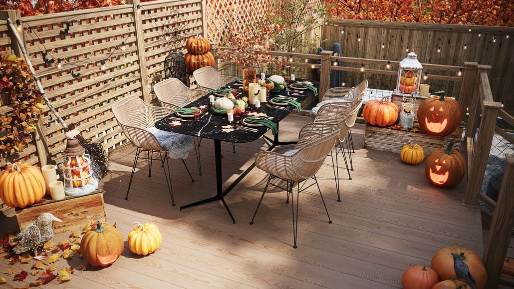3D furniture modeling and rendering of an outdoor autumn scene with pumpkins and a dining setup, showcasing 3D visualization and photorealistic CGI.