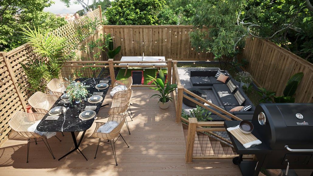 High-quality 3D rendering of an outdoor patio with furniture, showcasing 3D furniture modeling and visualization.