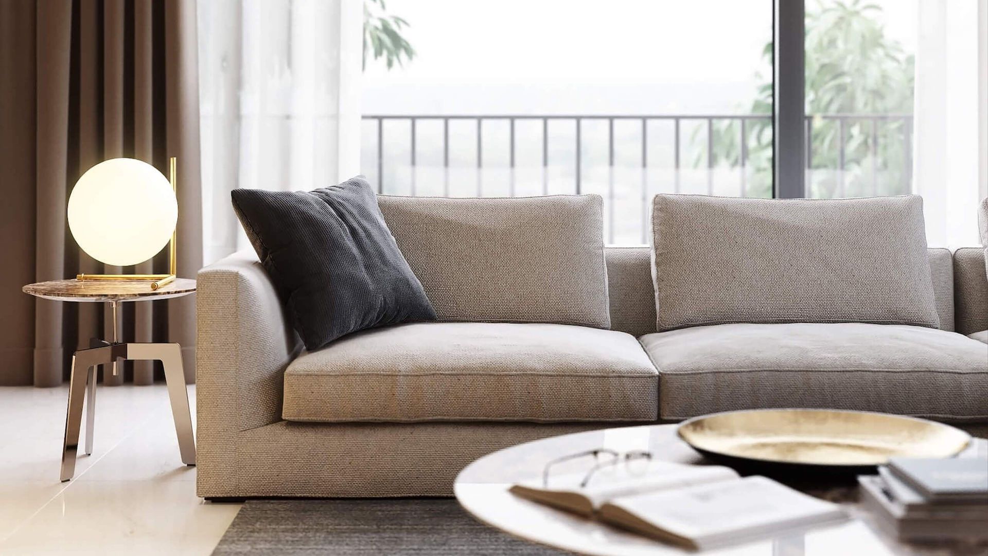 High-quality 3D furniture rendering showcasing a modern interior with a sofa and decor, highlighting 3D modeling and visualization techniques.