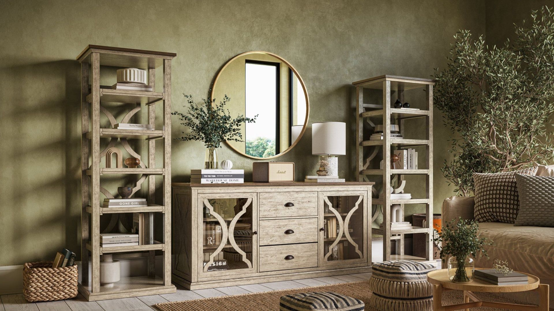 High-quality 3D rendering of a rustic furniture arrangement showcasing 3D furniture modeling and visualization in a cozy interior setting.