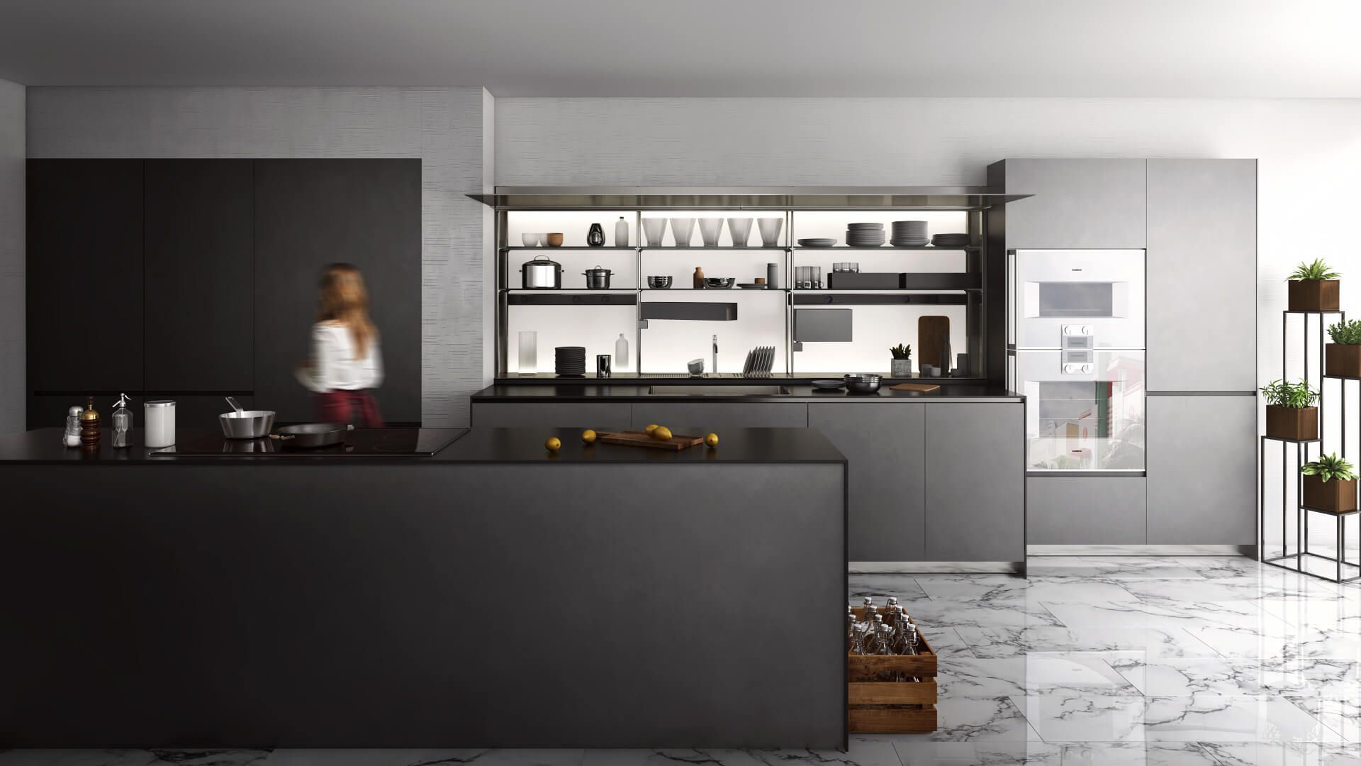 3D Visualization Of A Sleek Modern Kitchen With Open Shelves, Dark Cabinets, And Marble Flooring