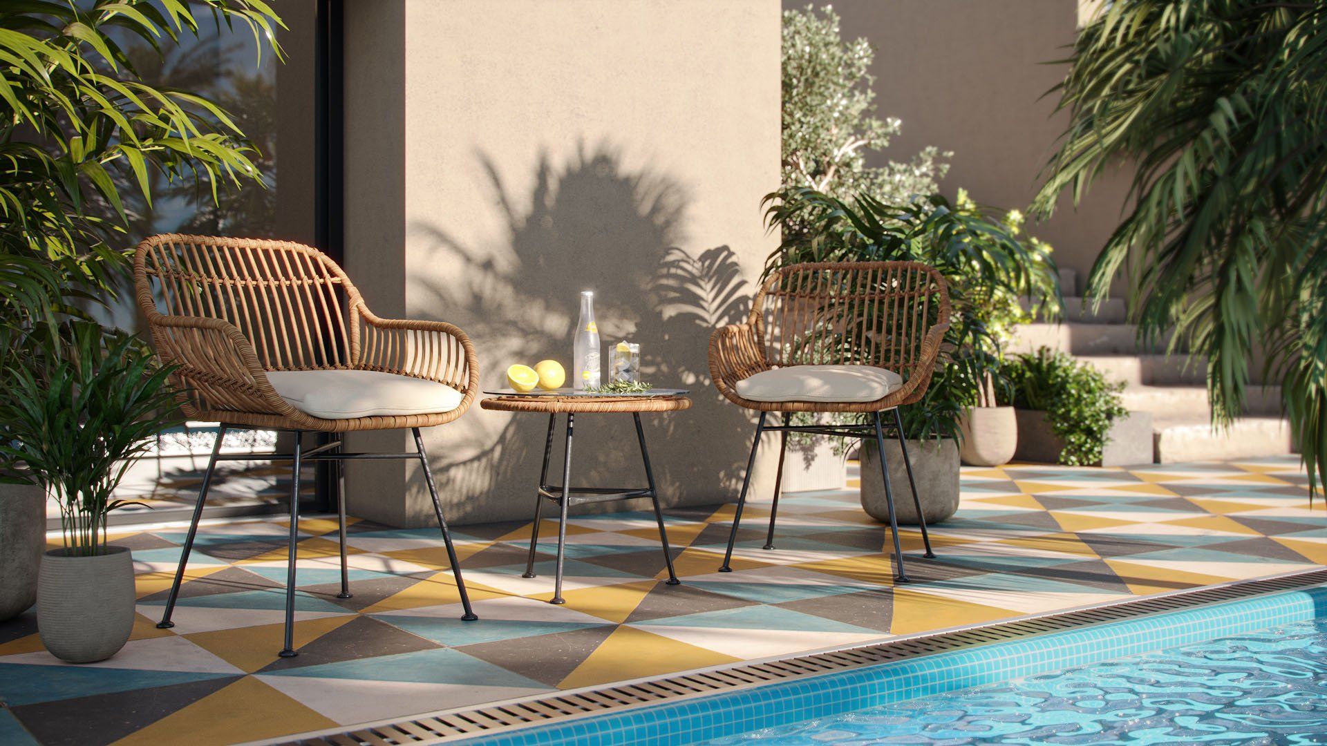 Photorealistic 3D rendering of outdoor furniture by a pool, showcasing 3D furniture modeling and visualization.
