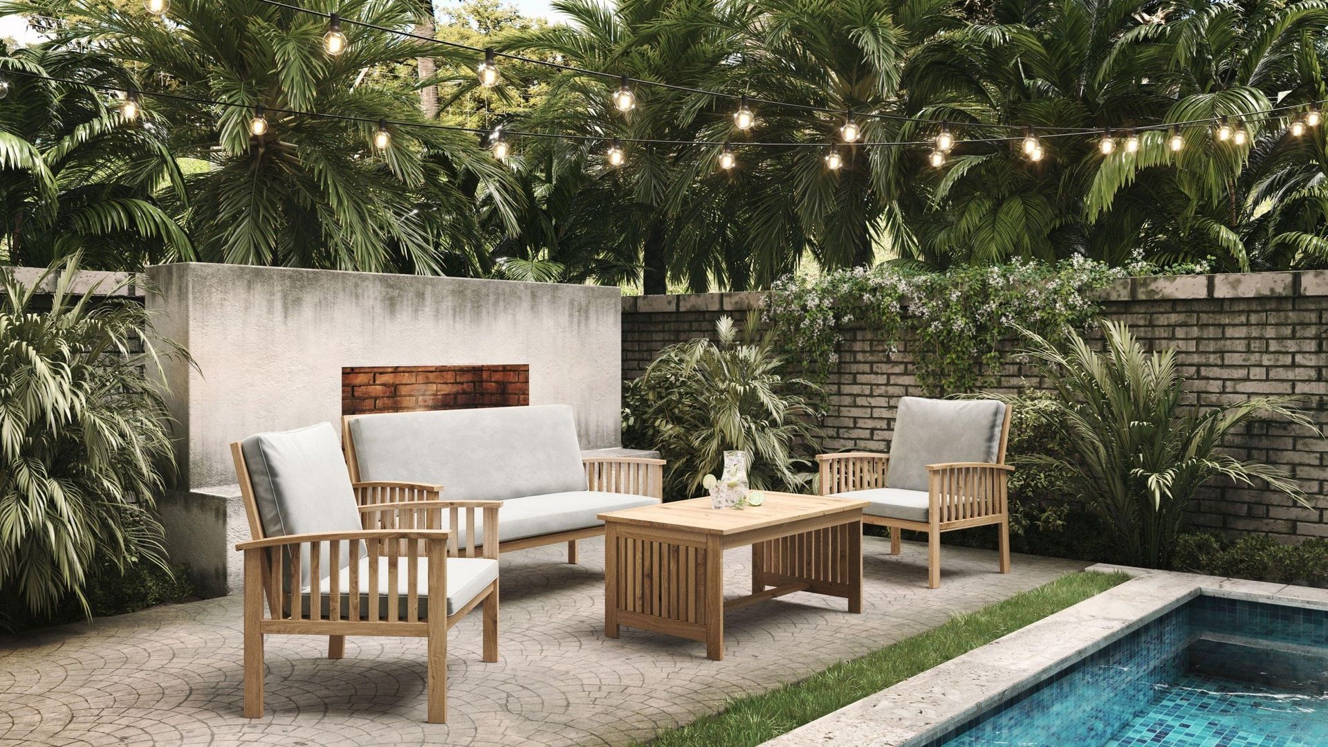 3D rendered image of outdoor furniture set by a pool, showcasing realistic 3D furniture modeling and rendering.