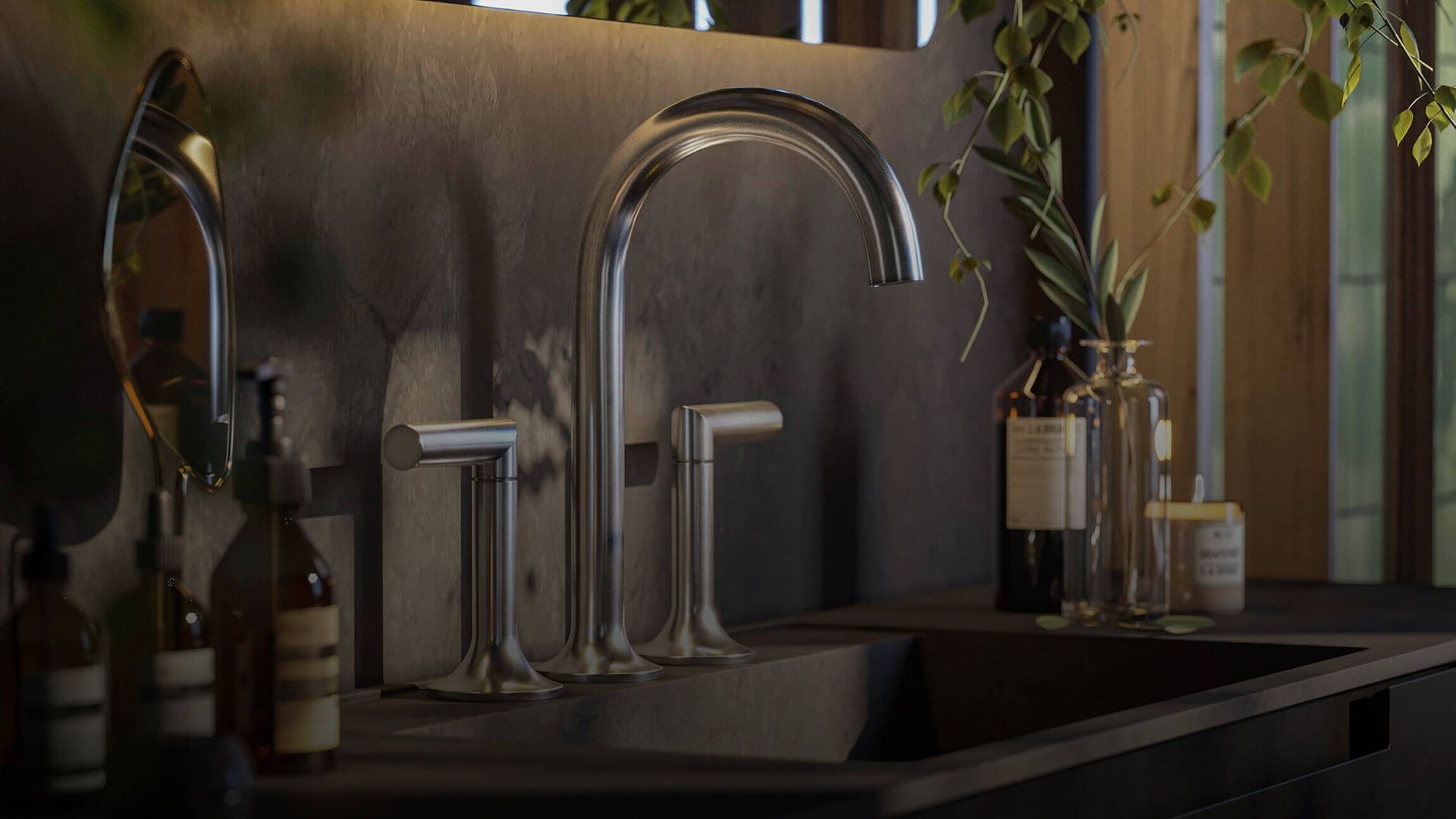 High-quality 3D rendering of a modern kitchen faucet, showcasing photorealistic visualization and 3D modeling in a lifestyle setting.