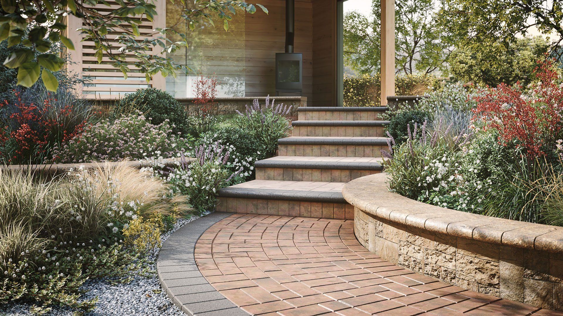 Realistic 3D rendering of a garden pathway with detailed landscaping, showcasing 3D modeling and visualization techniques.