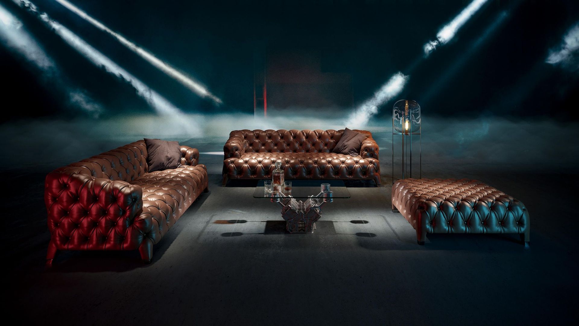 Photorealistic 3D rendering of luxury leather product in a dramatic interior setting, showcasing first-class 3D modeling and visualization.