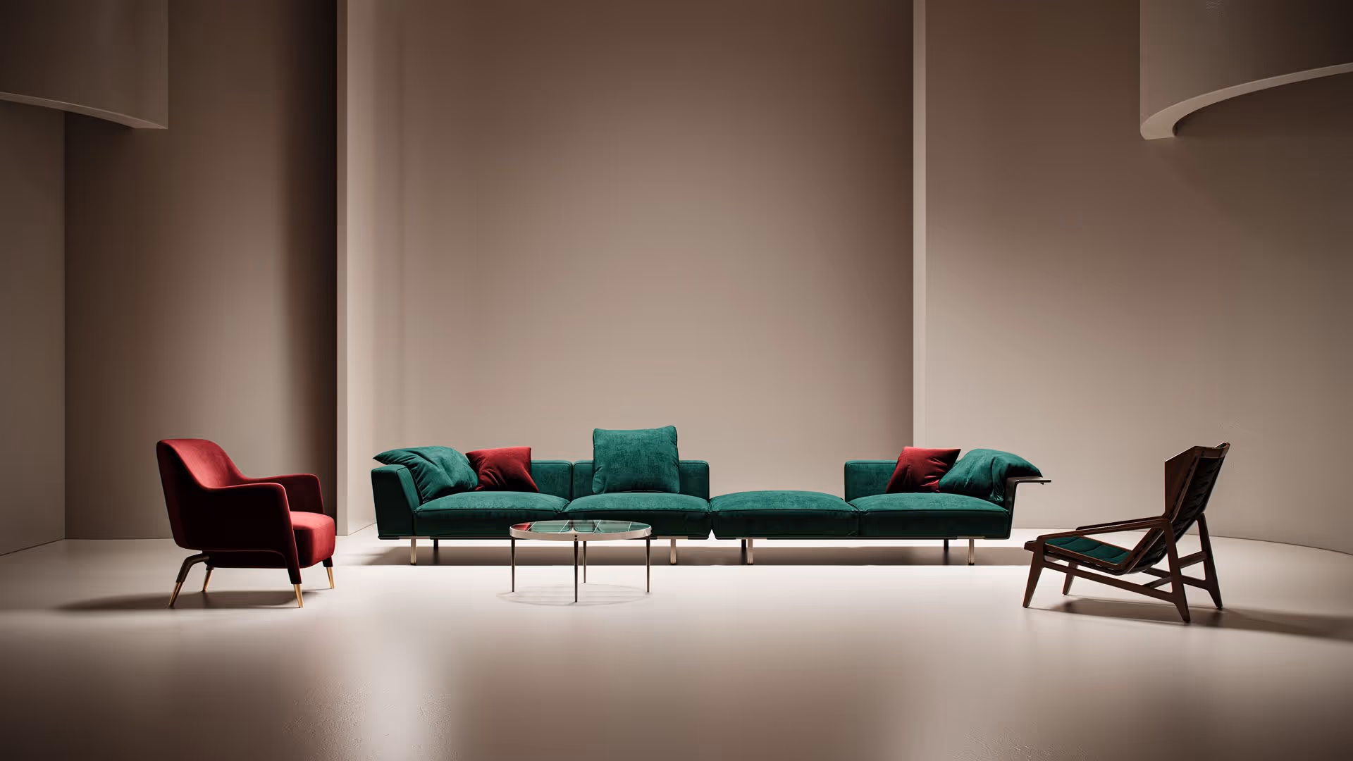 Top-notch 3D furniture rendering showcasing modern interior design with green and red seating, 3D product visualization