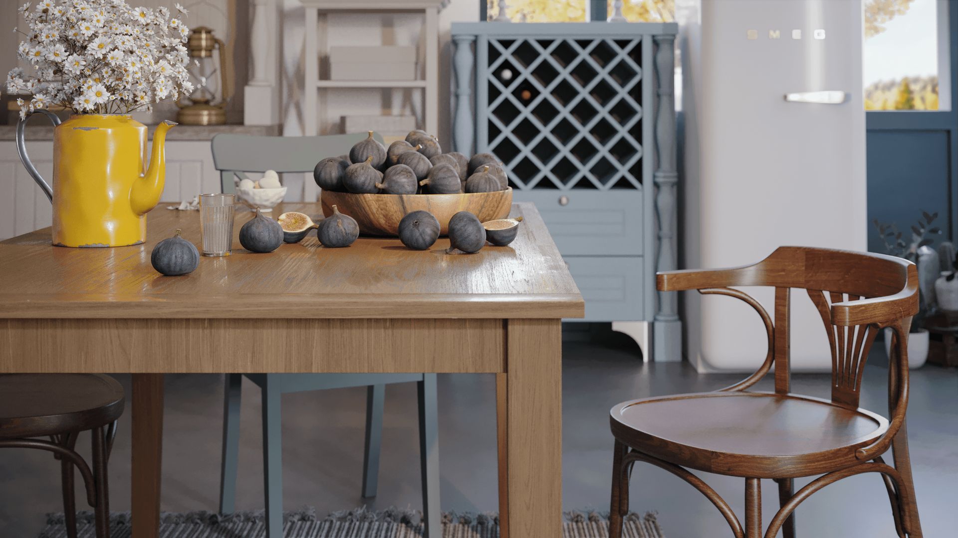 3D rendered image showcasing a rustic kitchen with wooden house fittings, featuring a table with figs and a yellow teapot, highlighting 3D house fittings modeling and rendering.