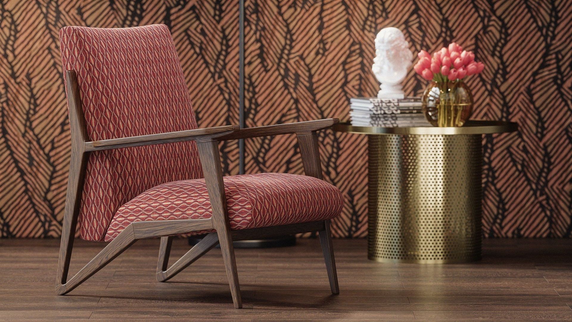 3D Visualization of a Red Chair Against Patterned Wall Decor