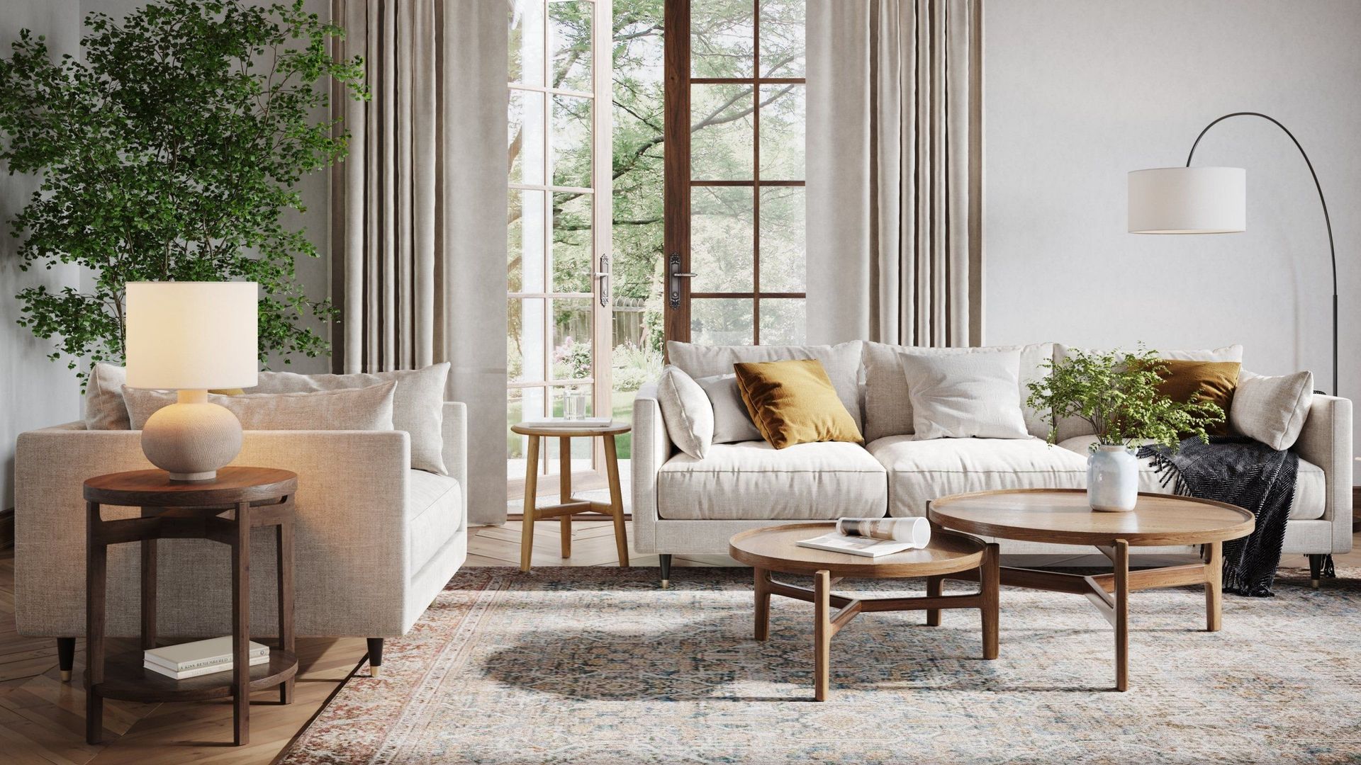 Lifestyle Rendering of a Cozy Living Room with Neutral Sofas, Wooden Tables, and Floor-to-Ceiling Curtains