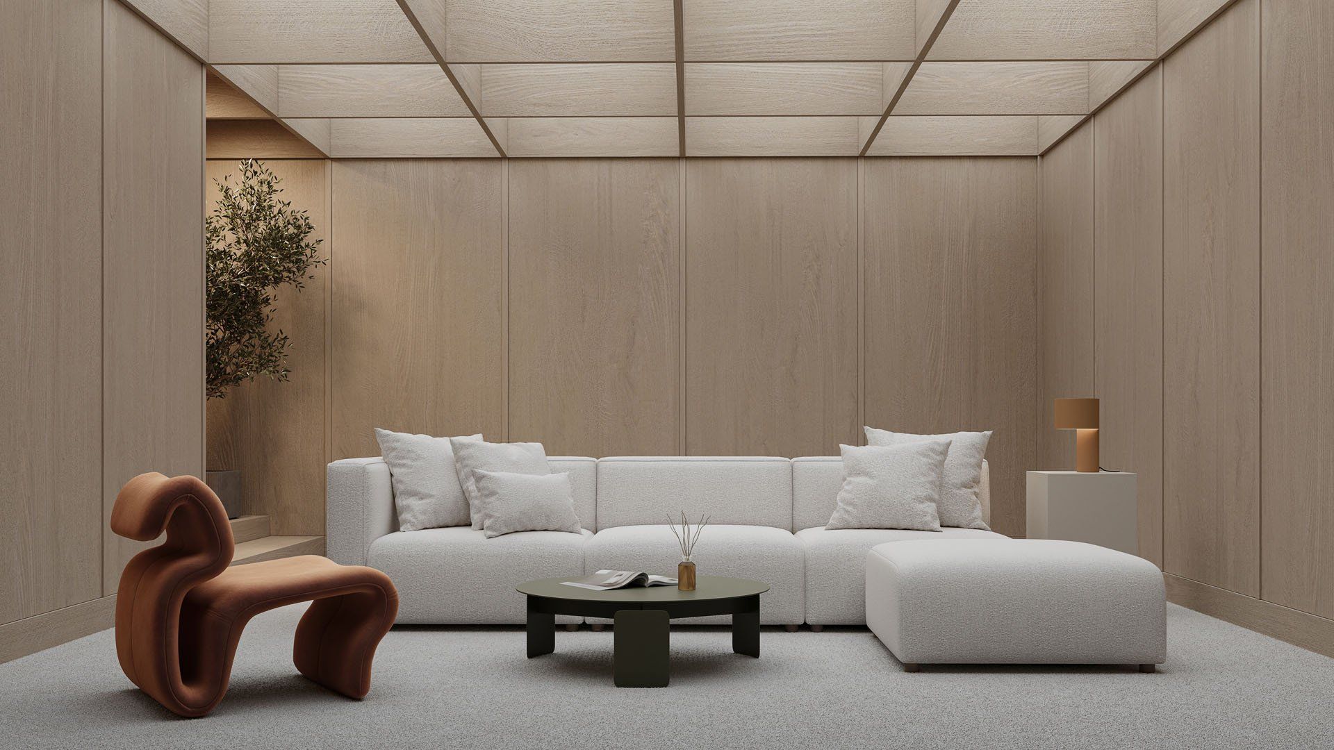 3D Visualization Of A Minimalist Living Room With White Sofa, Brown Chair, And Grid Ceiling