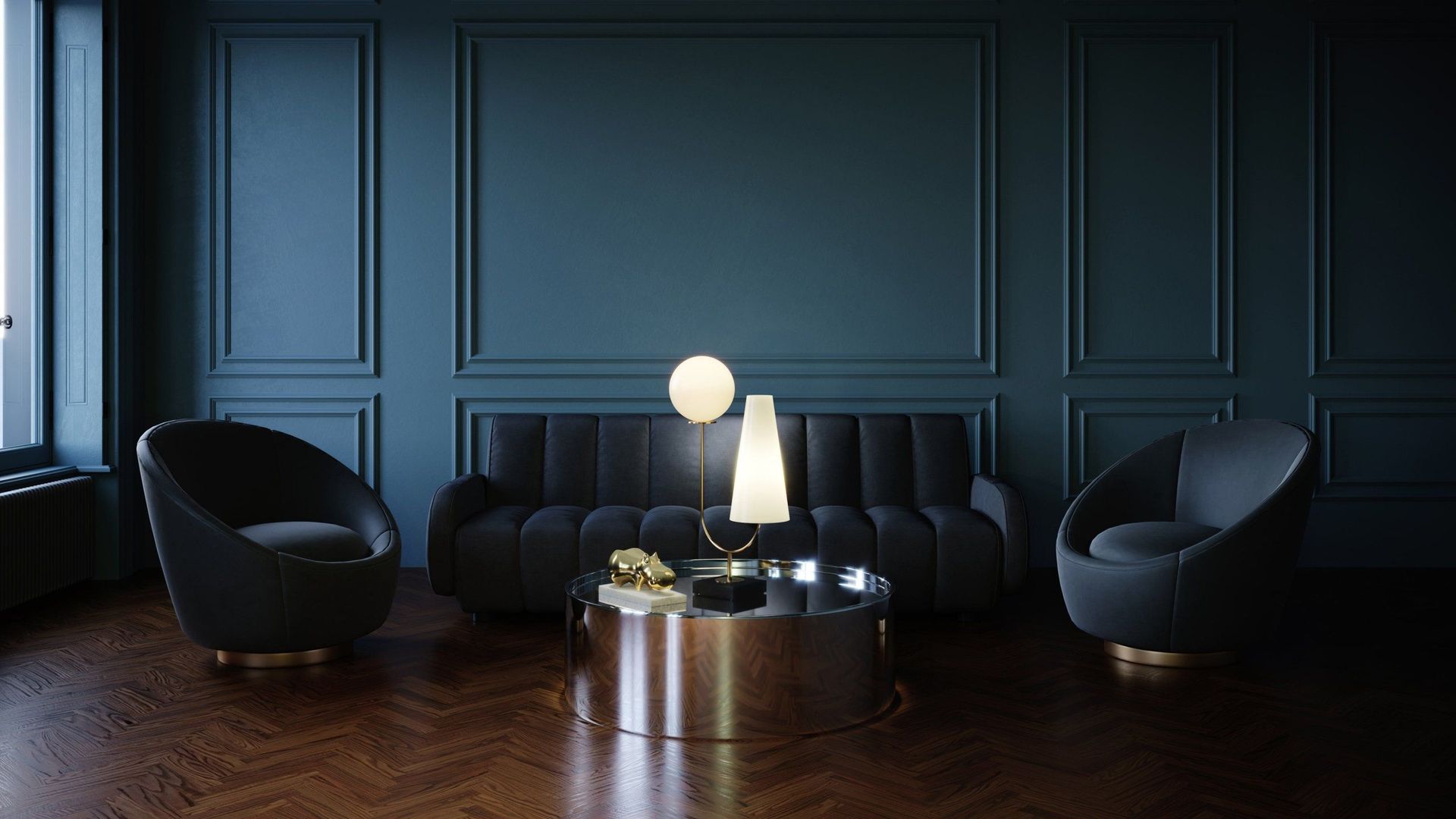 3D Visualization Of A Dark Living Room With Blue Walls and Modern Furniture