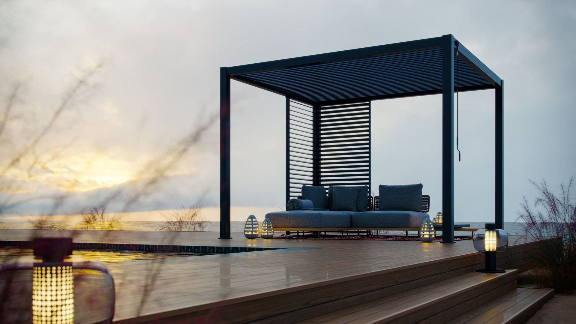 3D furniture modeling and rendering of a modern outdoor lounge area with a sofa and pergola, showcasing photorealistic visualization and CGI solutions.