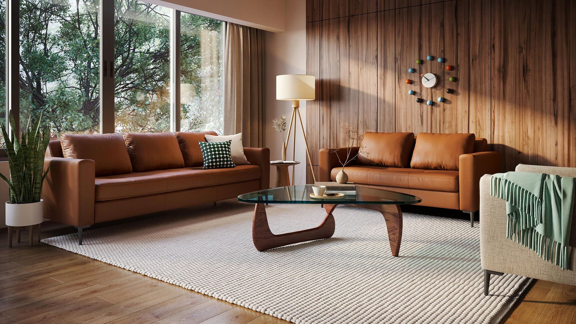 Lifestyle Rendering Of Mid Century Living Room With Leather Sofas And Wood Paneled Wall