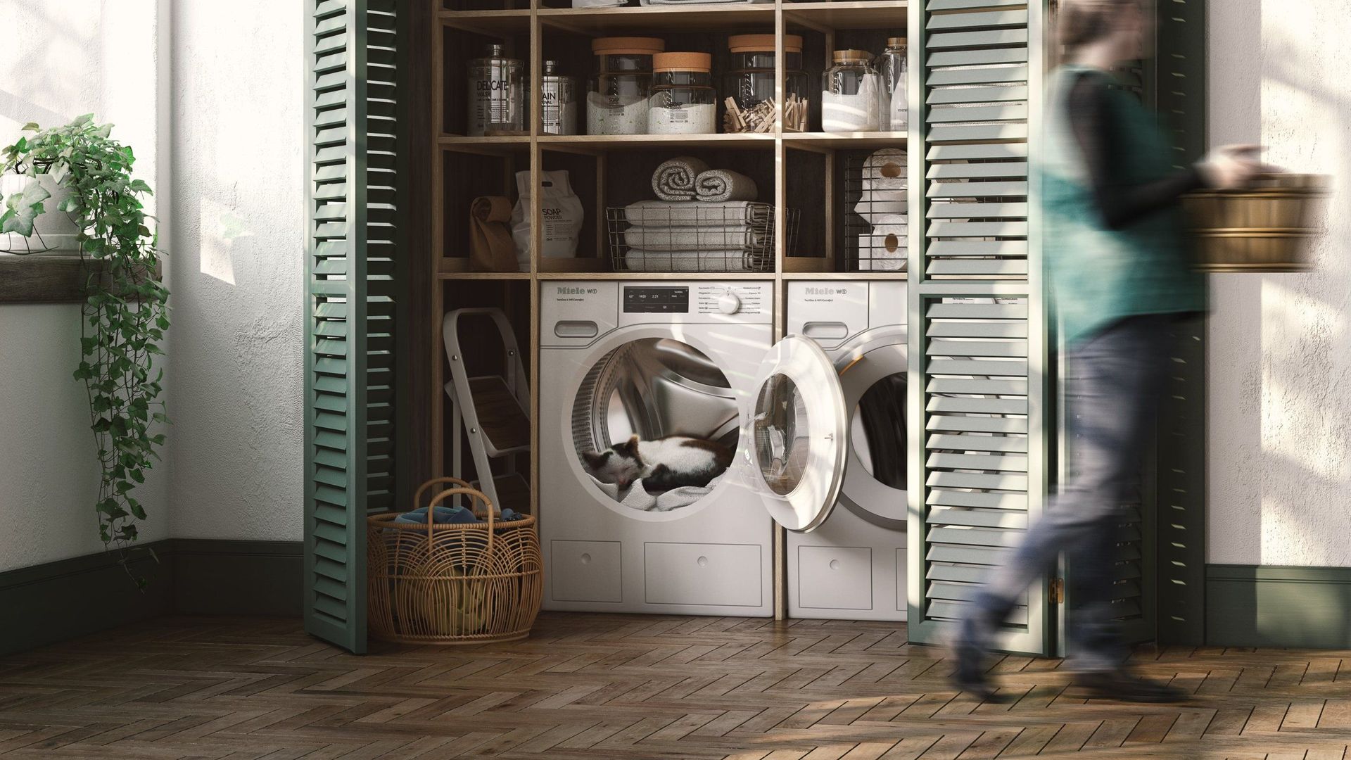 3D interior rendering showcasing a laundry room with washing machines, shelves, and a person walking, highlighting realistic house fittings and product visualization.