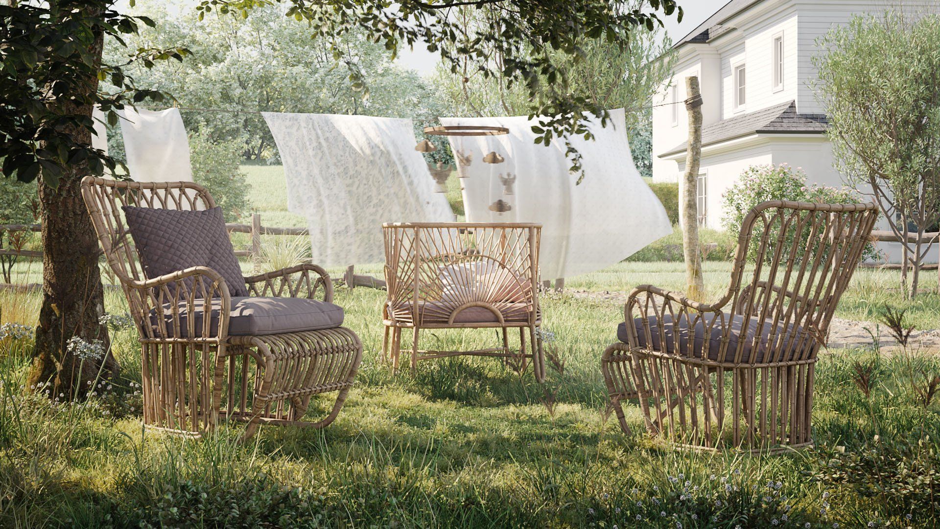 Photorealistic 3D rendering of wicker furniture in a garden, showcasing 3D furniture modeling and visualization.