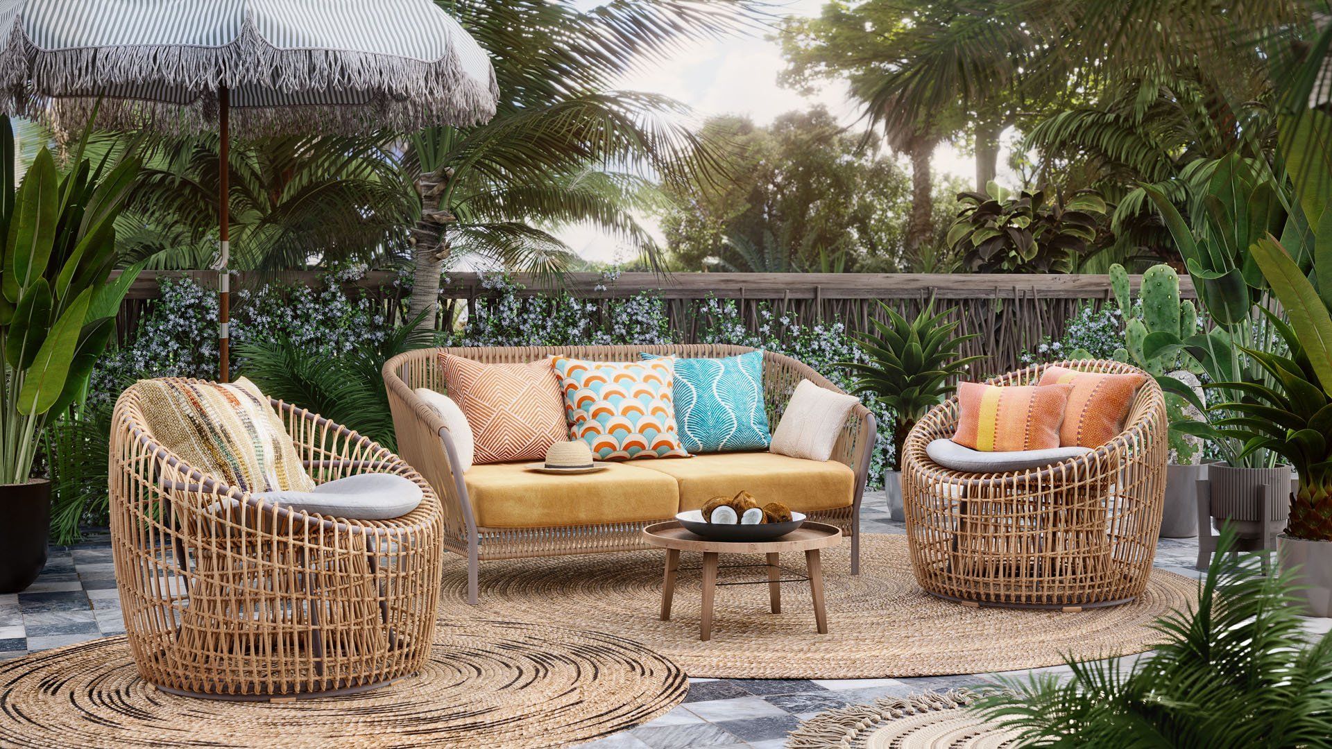 Lifestyle Rendering of Wicker Furniture In a Tropical Setting