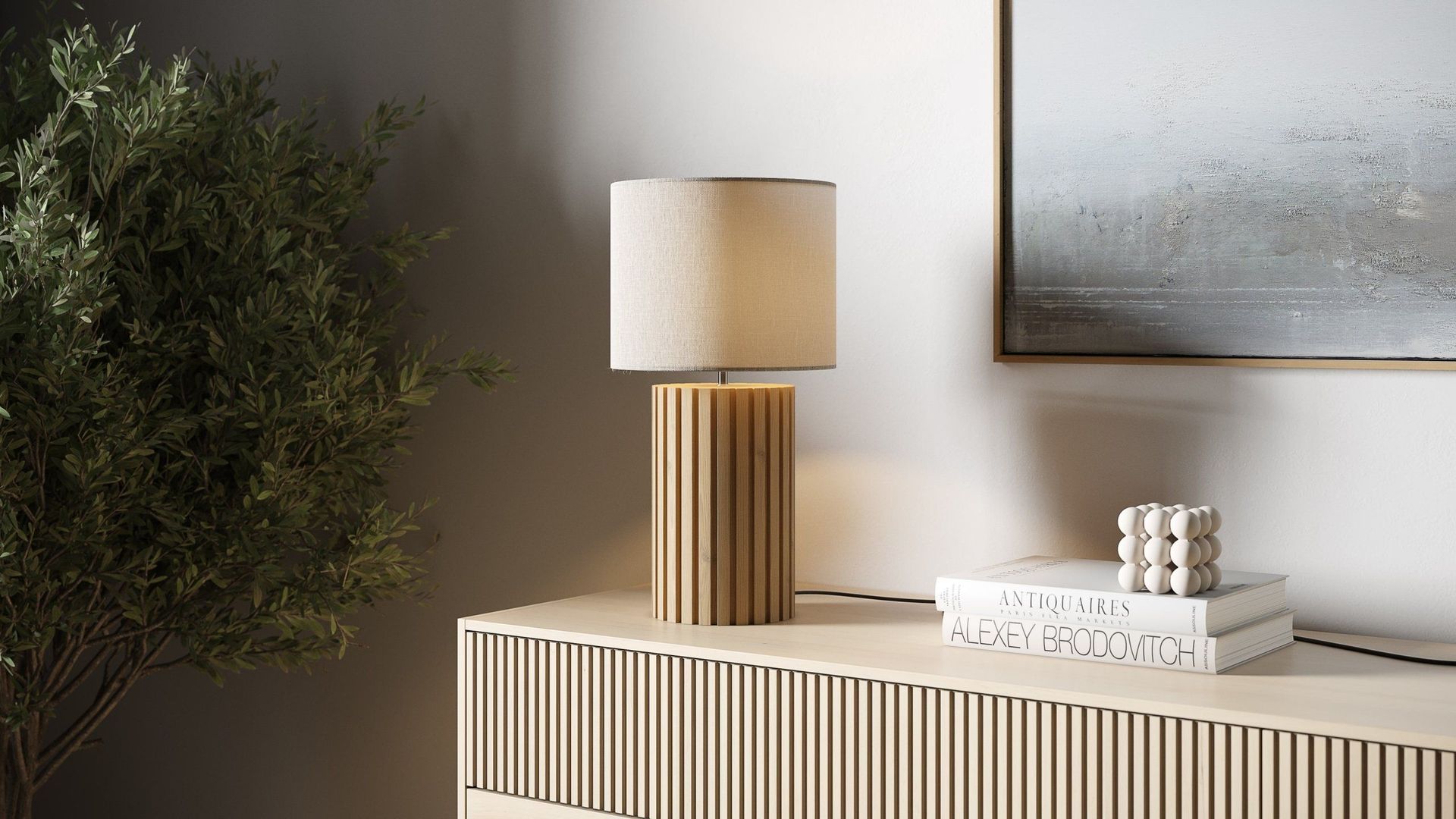 Lifestyle Rendering for Contemporary Wooden Table Lamp on a Sideboard with Modern Decor