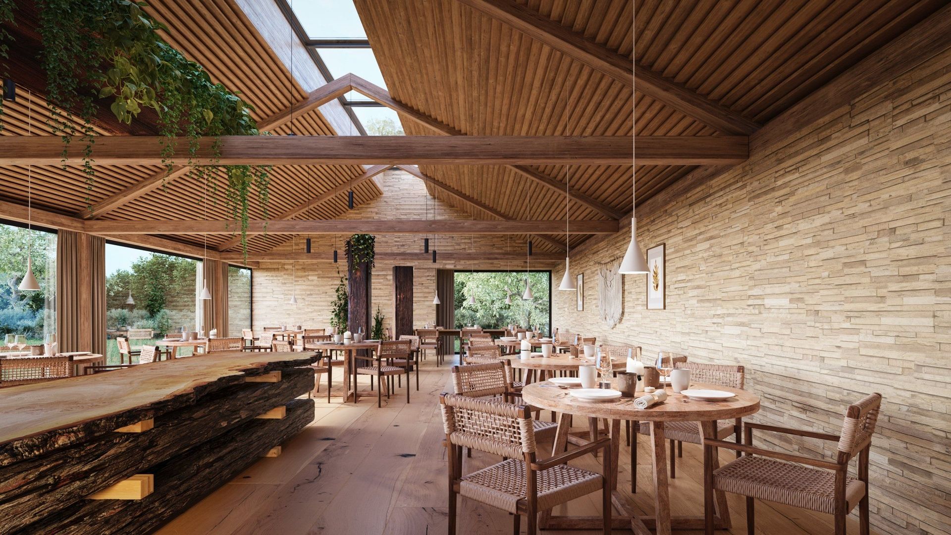 Top-notch 3D rendering of a rustic dining area showcasing wooden furniture and natural lighting, emphasizing 3D furniture modeling and visualization.