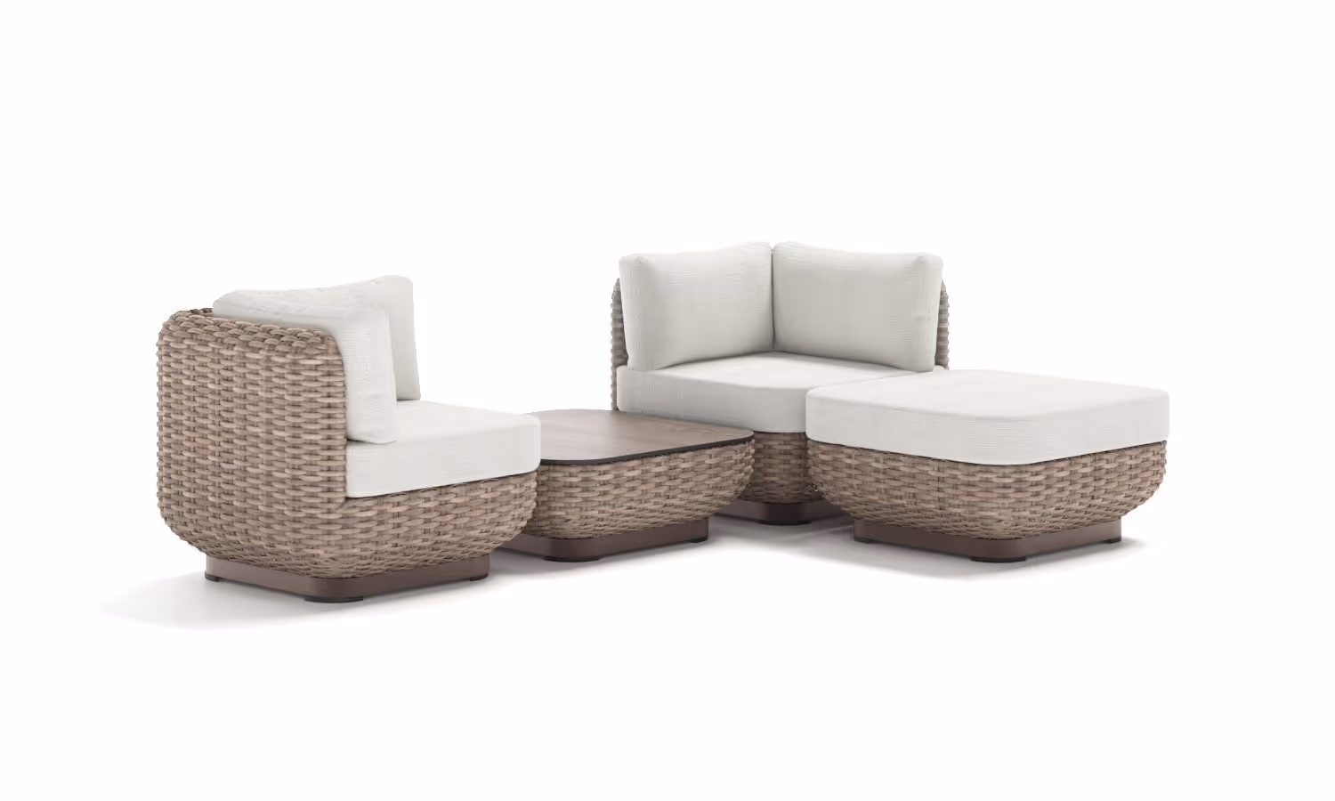3D product modeling and rendering of a wicker sofa set with cushions, showcasing realistic product visualization.